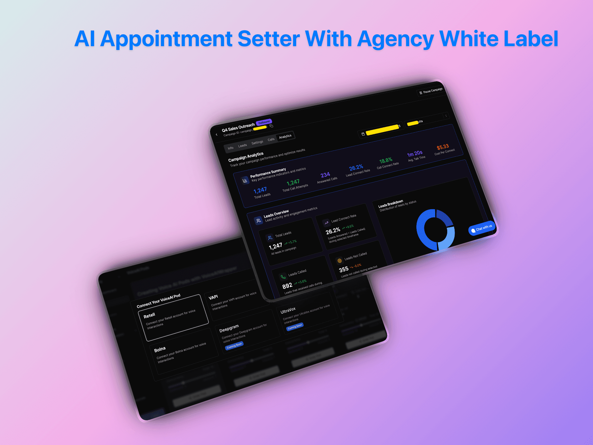 AI appointment setter with agency white label dashboard showing campaign analytics and lead generation metrics | VoiceAIWrapper