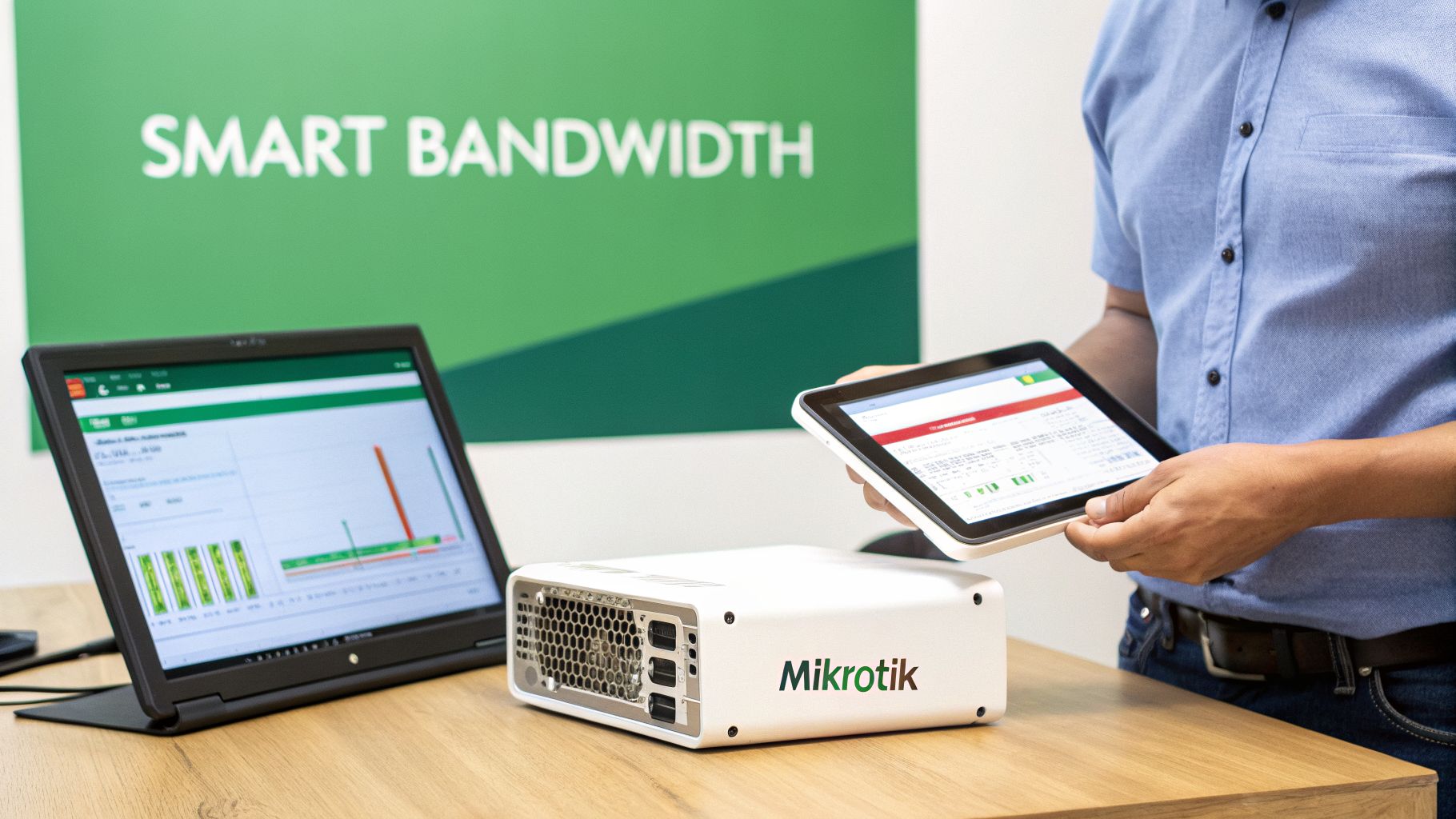 A person monitors smart bandwidth using a tablet and laptop, with a Mikrotik network device on the desk.