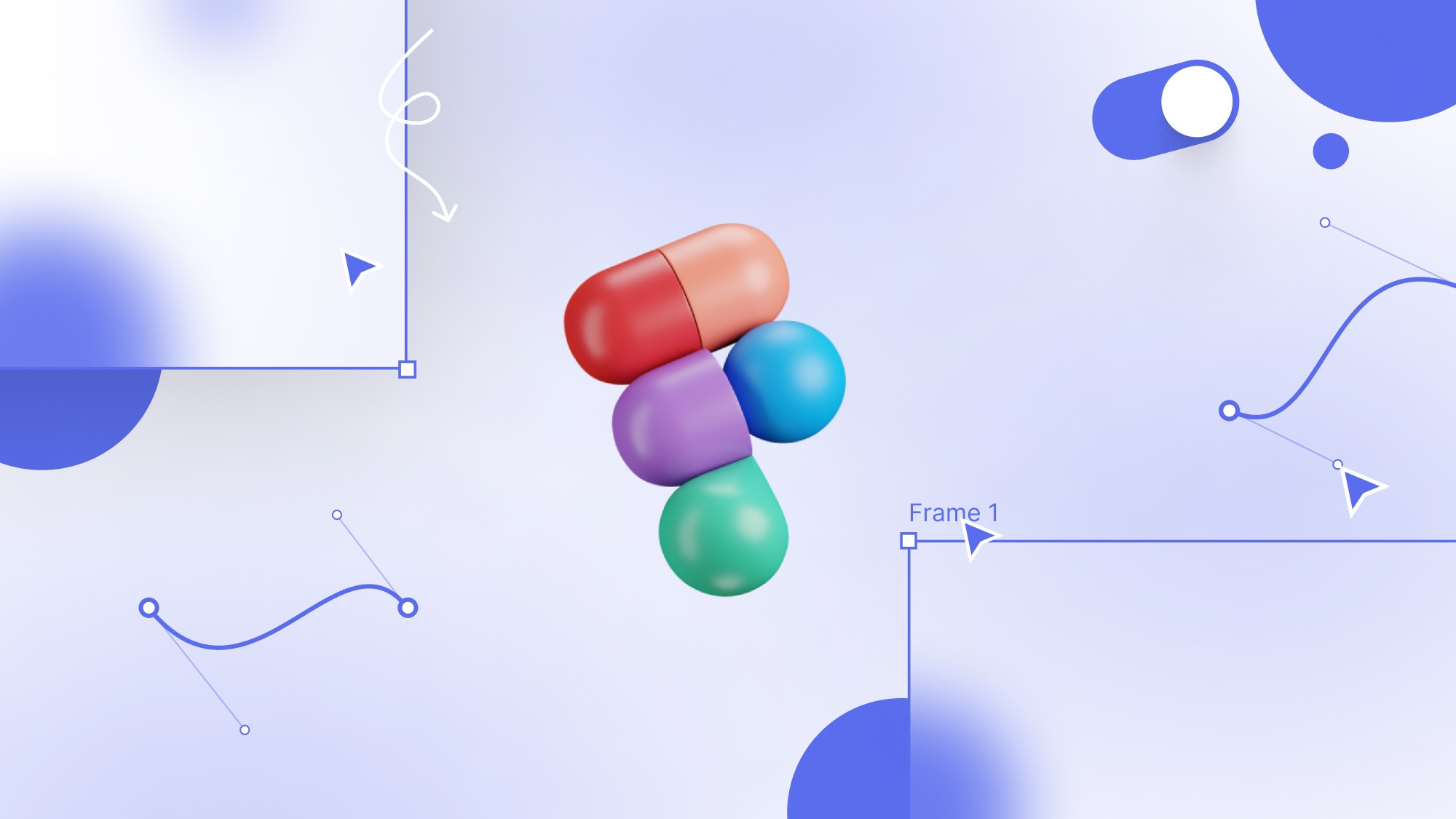 A 3D render of the Figma logo on a light background with various UI design elements on screen.