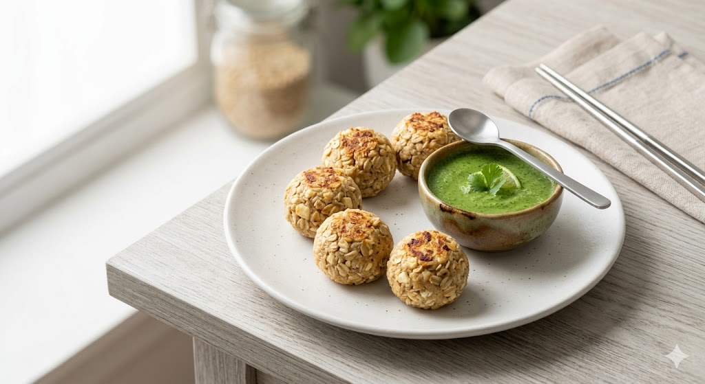 Five baked oats and paneer kofta balls on a white plate with a side of vibrant green mint-cilantro chutney dip and chopsticks on a modern wooden table.
