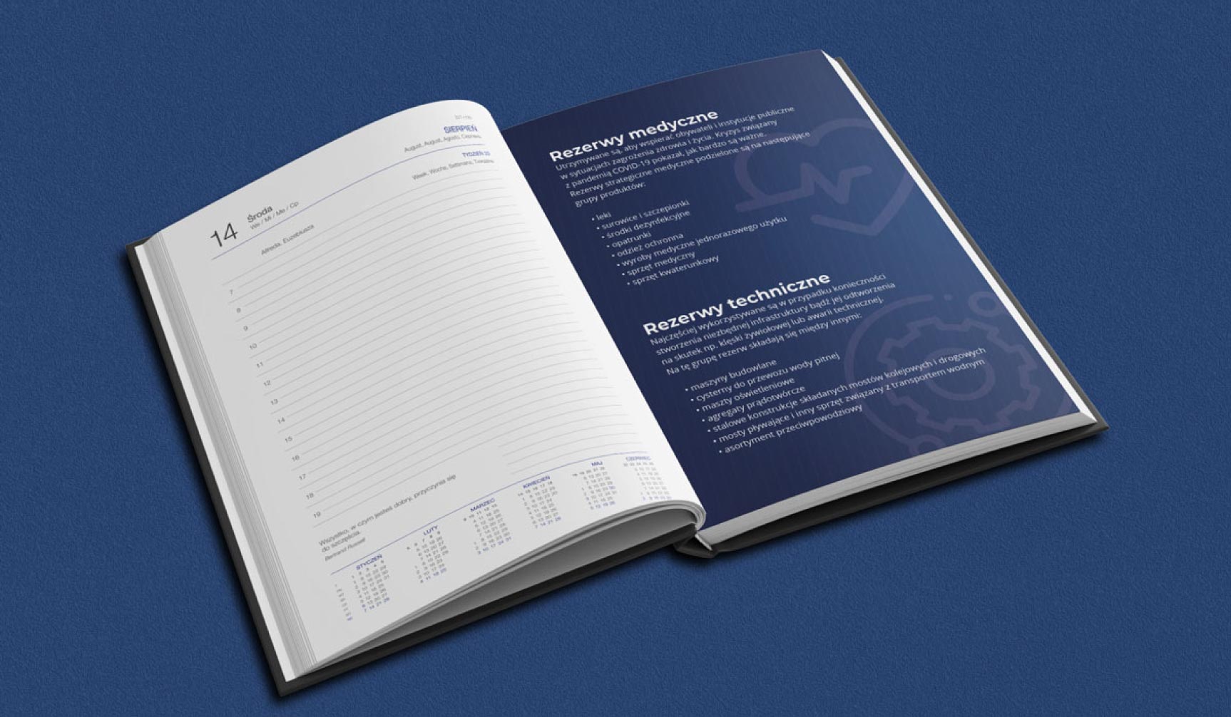 Projekt typografii i układu treści wewnątrz kalendarza korporacyjnego RARS.