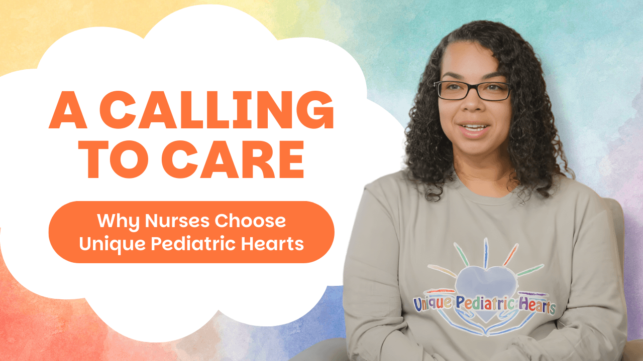 Nikki Estess, a nurse at UPH, talks to a camera off-screen in front of a watercolor background. She wears a grey sweatshirt with the company's logo on top.