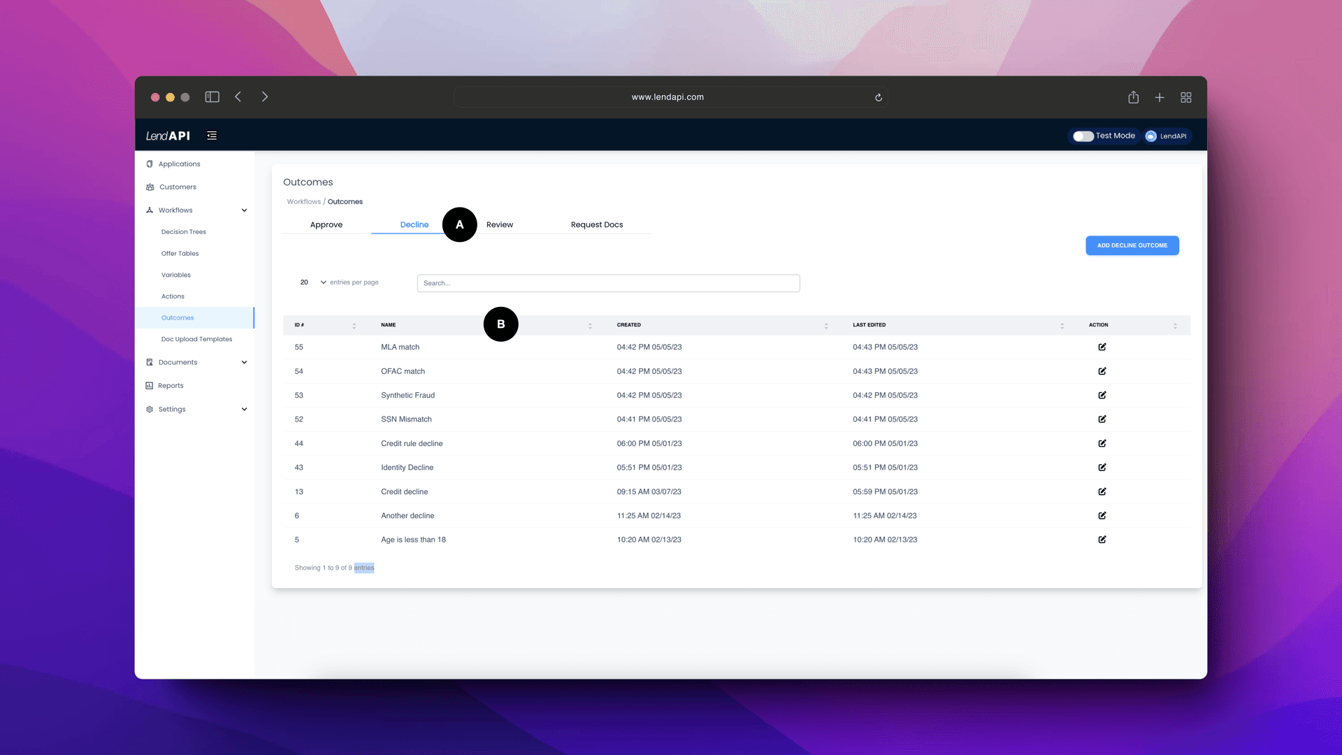 LendAPI Documentation - Decision Outcome Decline Type