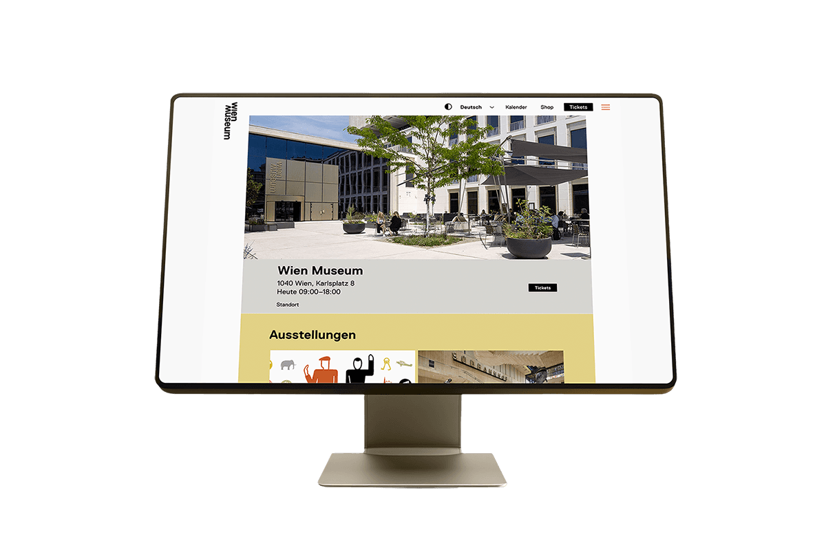 Desktop-Ansicht der Wien Museum Website mit Standort, Öffnungszeiten und Ausstellungen