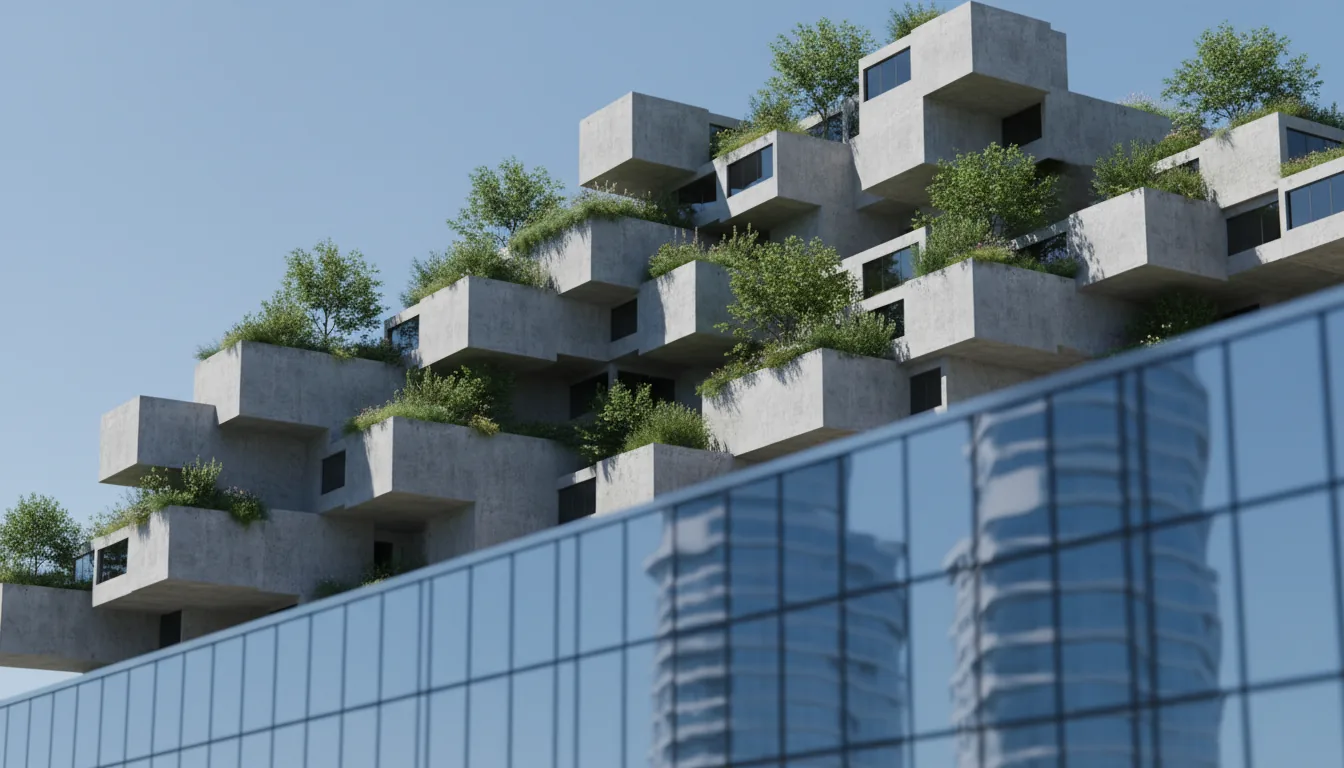 Photorealistic 3D render of a futuristic brutalist apartment complex, inspired by Habitat 67, composed of stacked, interlocking raw concrete modules with rooftop gardens and small trees. Shot with a telephoto lens in bright, direct natural daylight, casting hard, sharp shadows that define the geometric forms against a clear blue sky. In the foreground, the slanted facade of a skyscraper with blue-tinted glass panels is partially visible, creating a soft focus and distorted reflections of the main building. Cinematic quality, highly detailed textures.
