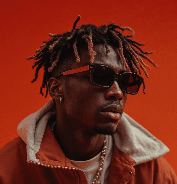 Person with locs and sunglasses on orange.