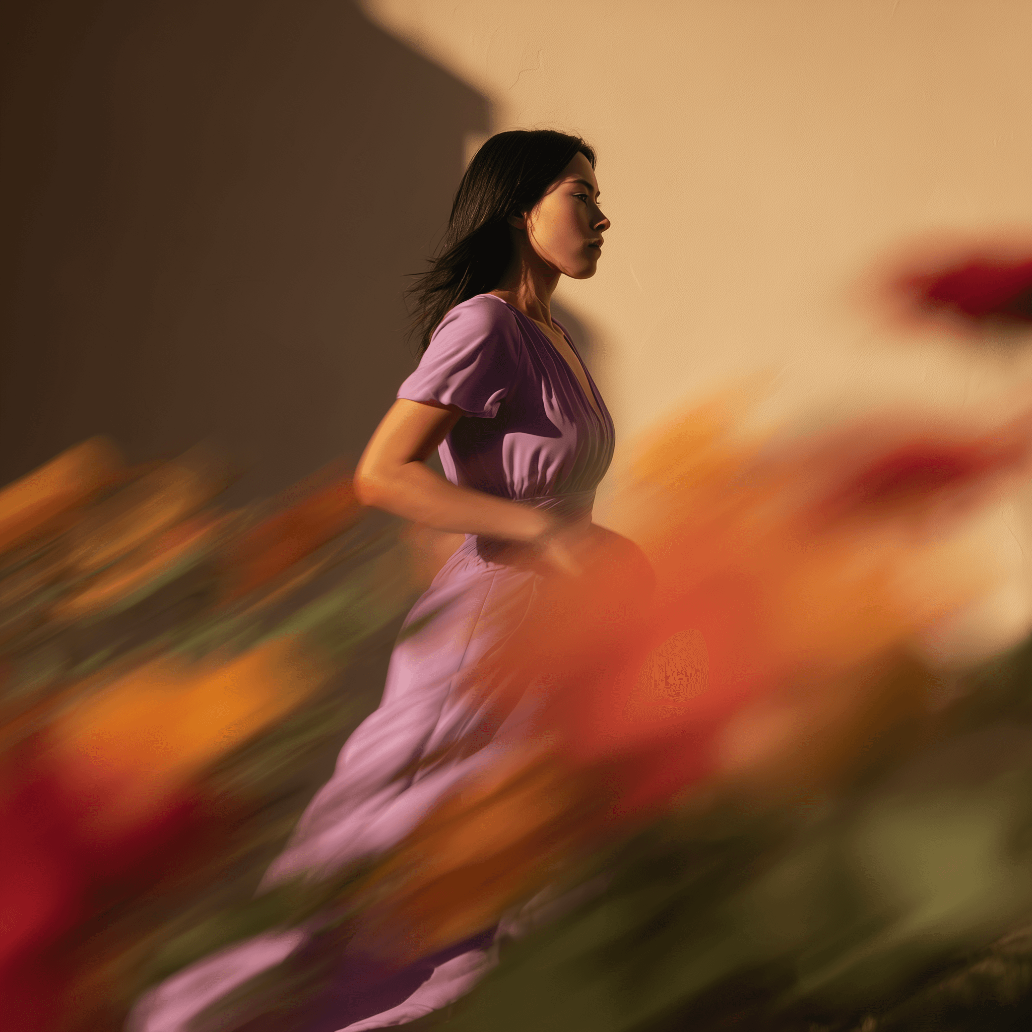 Women with flowers running motion blur 