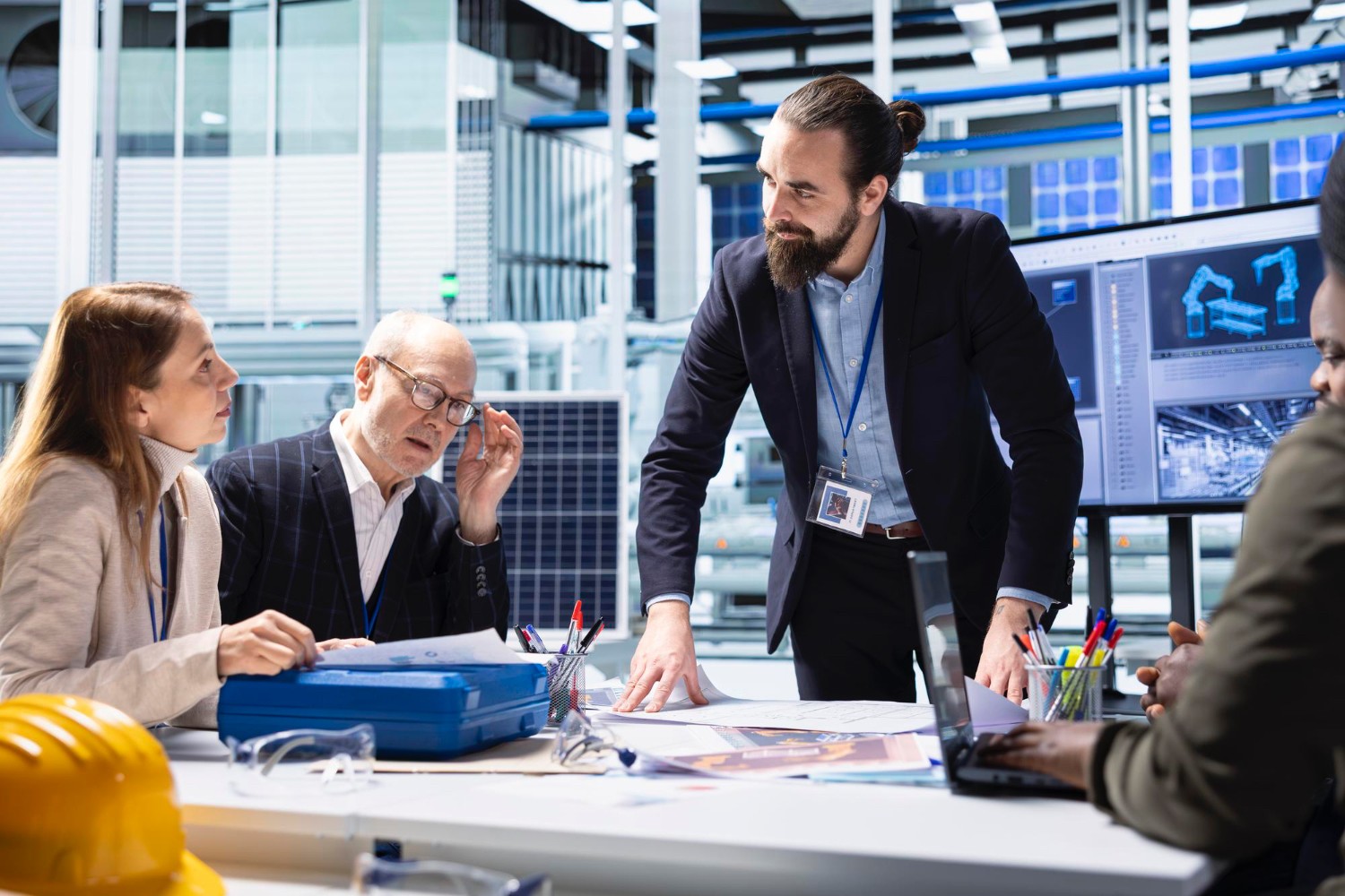 Business team collaborating over a digital platform during CMMS setup meeting.