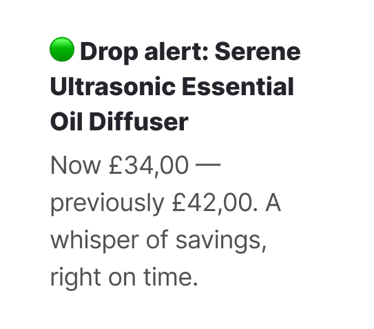 A notification bubble from the Whisprice app showing a price drop. The text reads: "Price drop: Calm Ritual Scented Candle Set. Now £34.00 — previously £42.00."