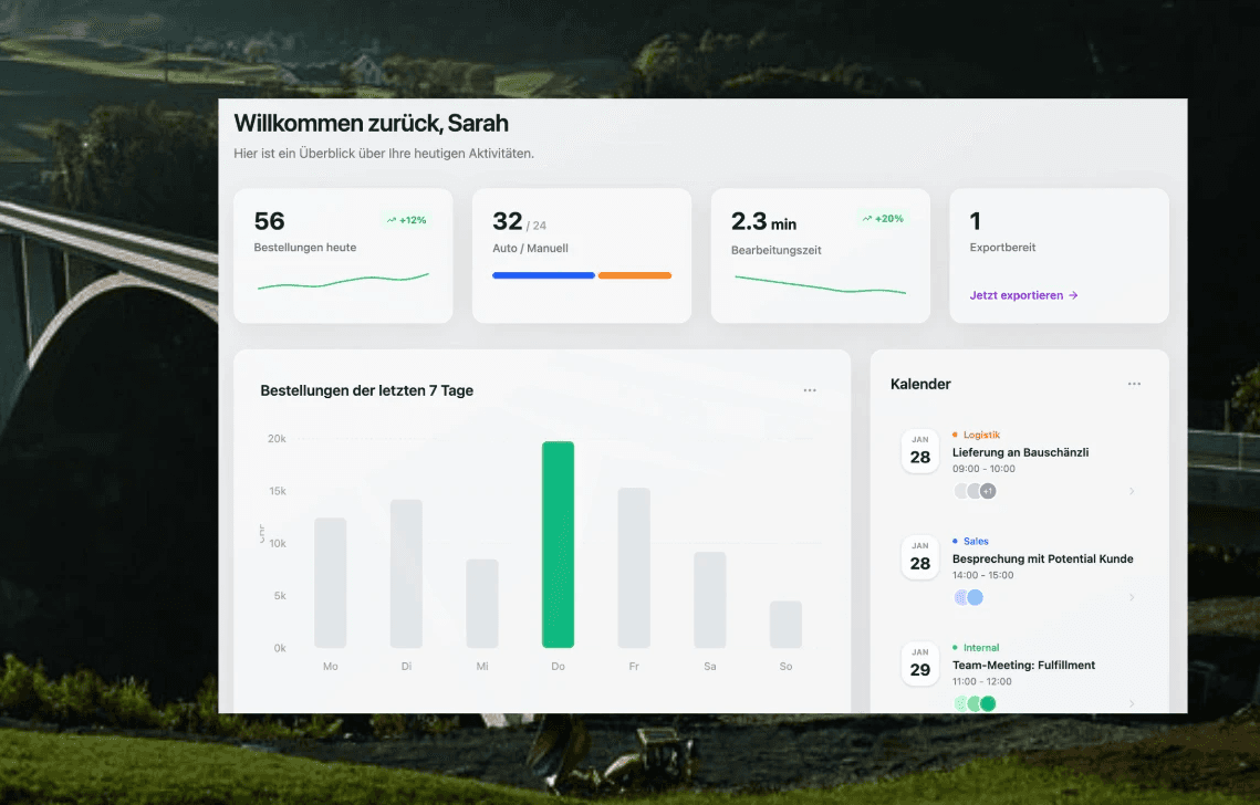 Ein übersichtliches Dashboard mit allen wichtigen Informationen auf einen Blick. Eine klare Wochenübersicht Ihrer Bestellungen, ein synchronisierter Kalender und eine Auflistung der Bestellungen, die noch geprüft werden müssen.