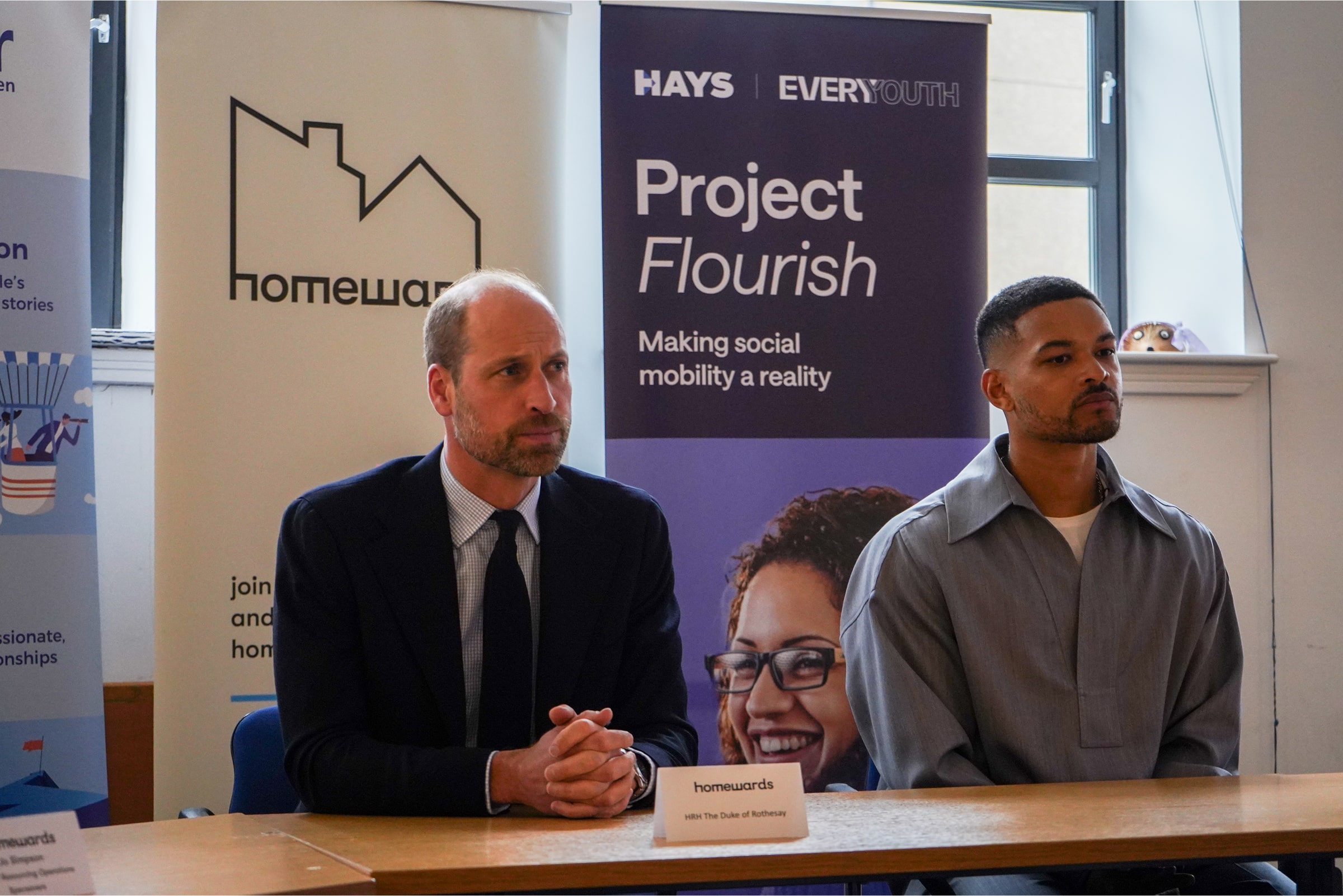 Prince William sits next to Steven Bartlett at a employment roundtable event in Abderdeen