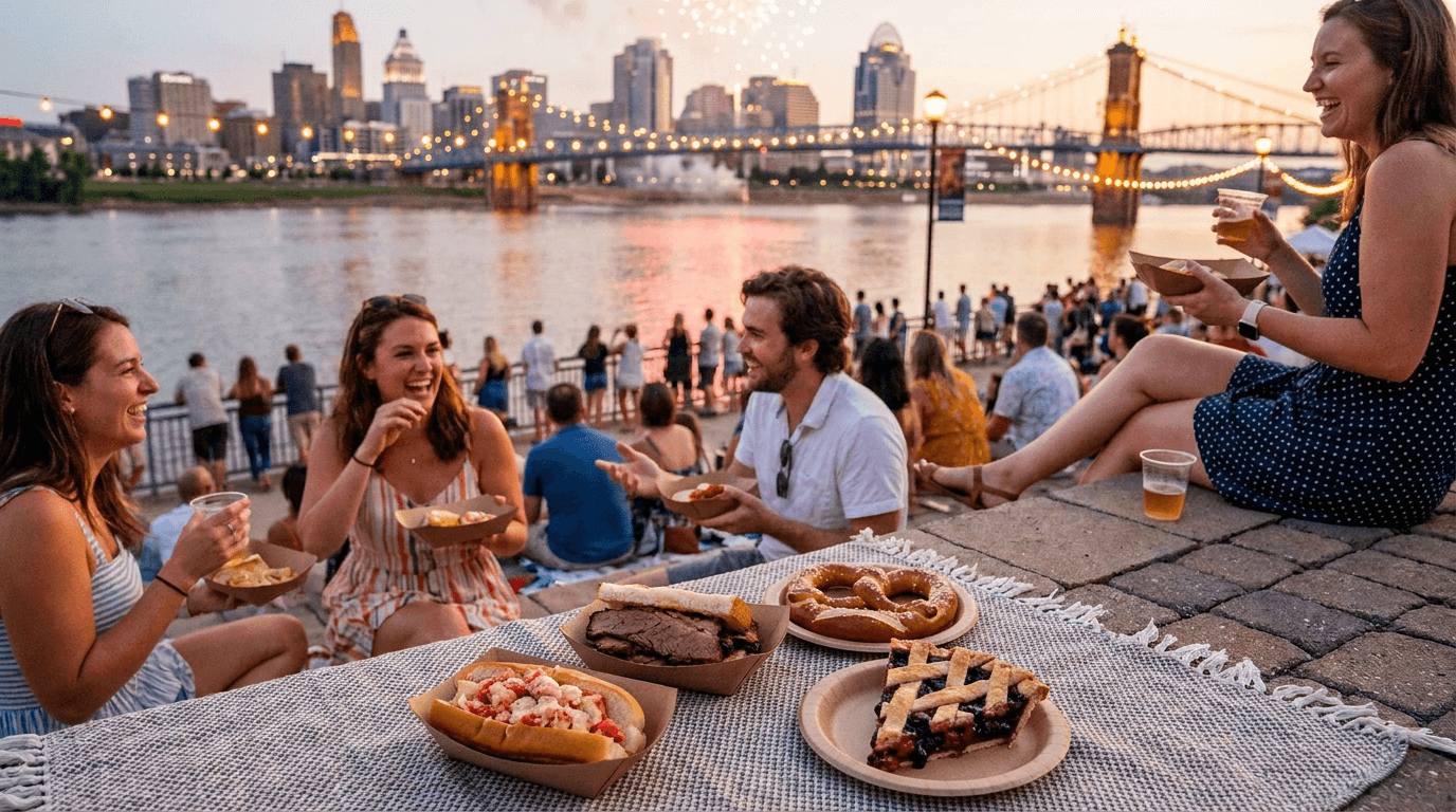Food lovers enjoying a 4th of July picnic with regional American dishes near a city waterfront at sunset.