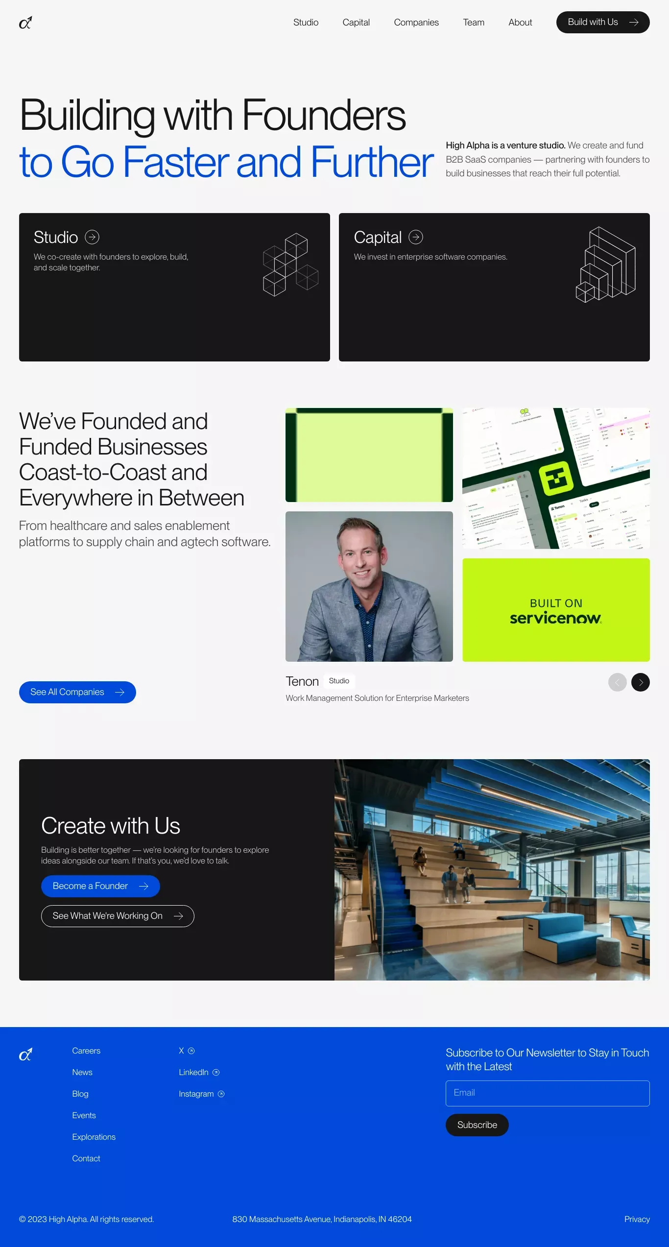 High Alpha landing page screenshot showcasing Tech and Finance design