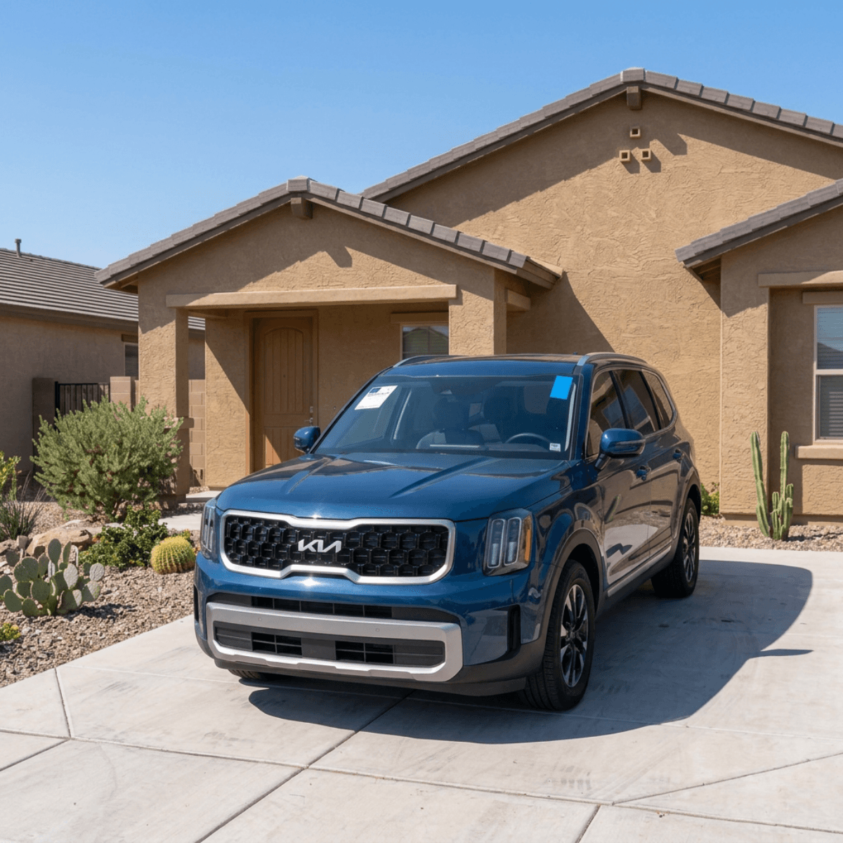 Blue Kia Telluride with a professionally replaced windshield parked outside a Litchfield Park, AZ home