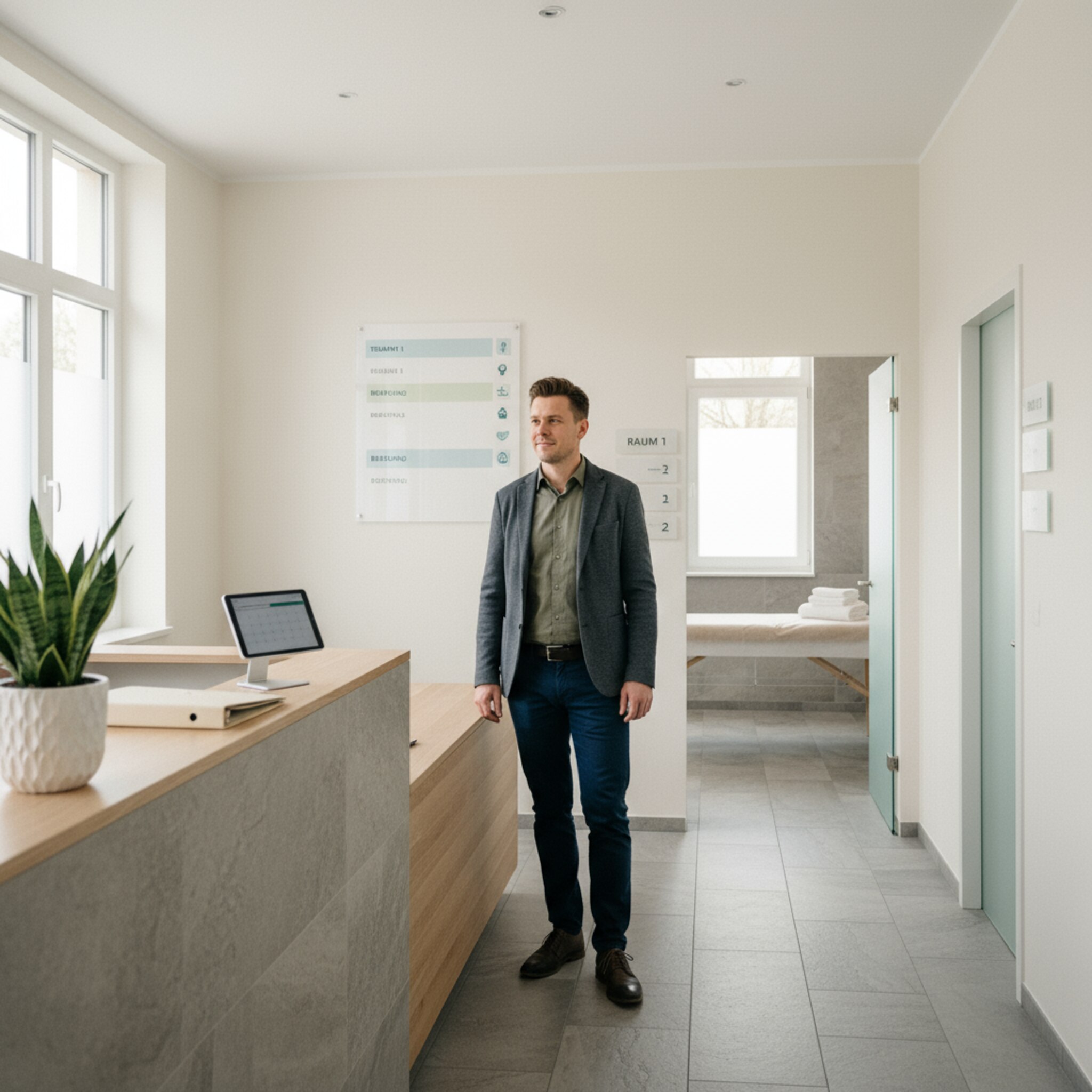 Ein Empfangsbereich mit einem übersichtlich beschrifteten Wandplan und diskreten Türschildern für mehrere Räume. Ein Mitarbeiter wirft einen kurzen Blick in den Flur, wo eine freie Liege sichtbar wird. Die Szene vermittelt Überblick und schnelle, koordinierte Entscheidungen im Tagesgeschäft.