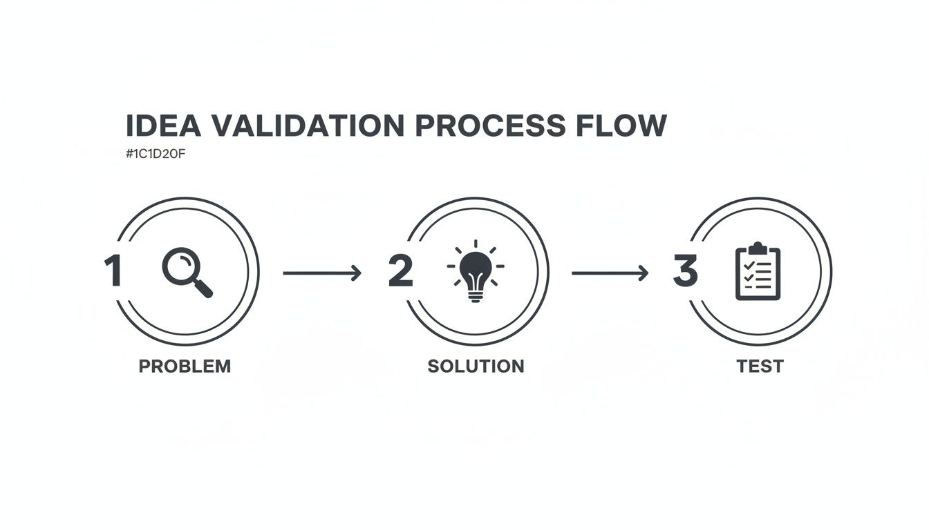 An idea validation process flow diagram showing three steps: problem (magnify), solution (lightbulb), and test (checklist).