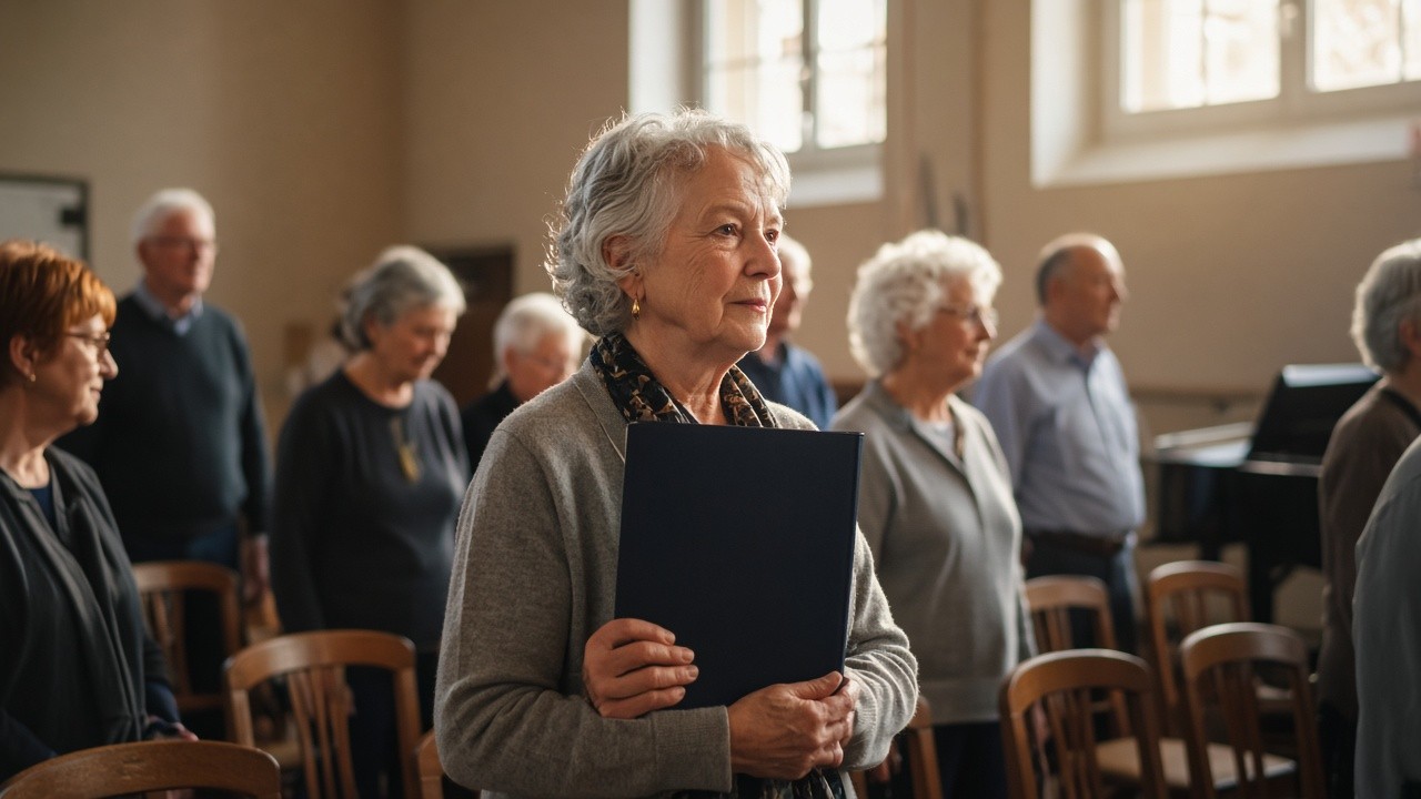 The image shows a group of elderly individuals standing in what appears to be a music or community room with wooden chairs and large windows letting in natural light. The focus is on a senior woman at the forefront holding a dark blue folder, suggesting she is either a choir member or participant in a communal singing or music therapy session. The other seniors in the background are also standing attentively, providing a sense of involvement and community. The setting and participants imply a supportive environment, likely associated with programs for elder care, such as dementia care or senior wellness through music and social activities.