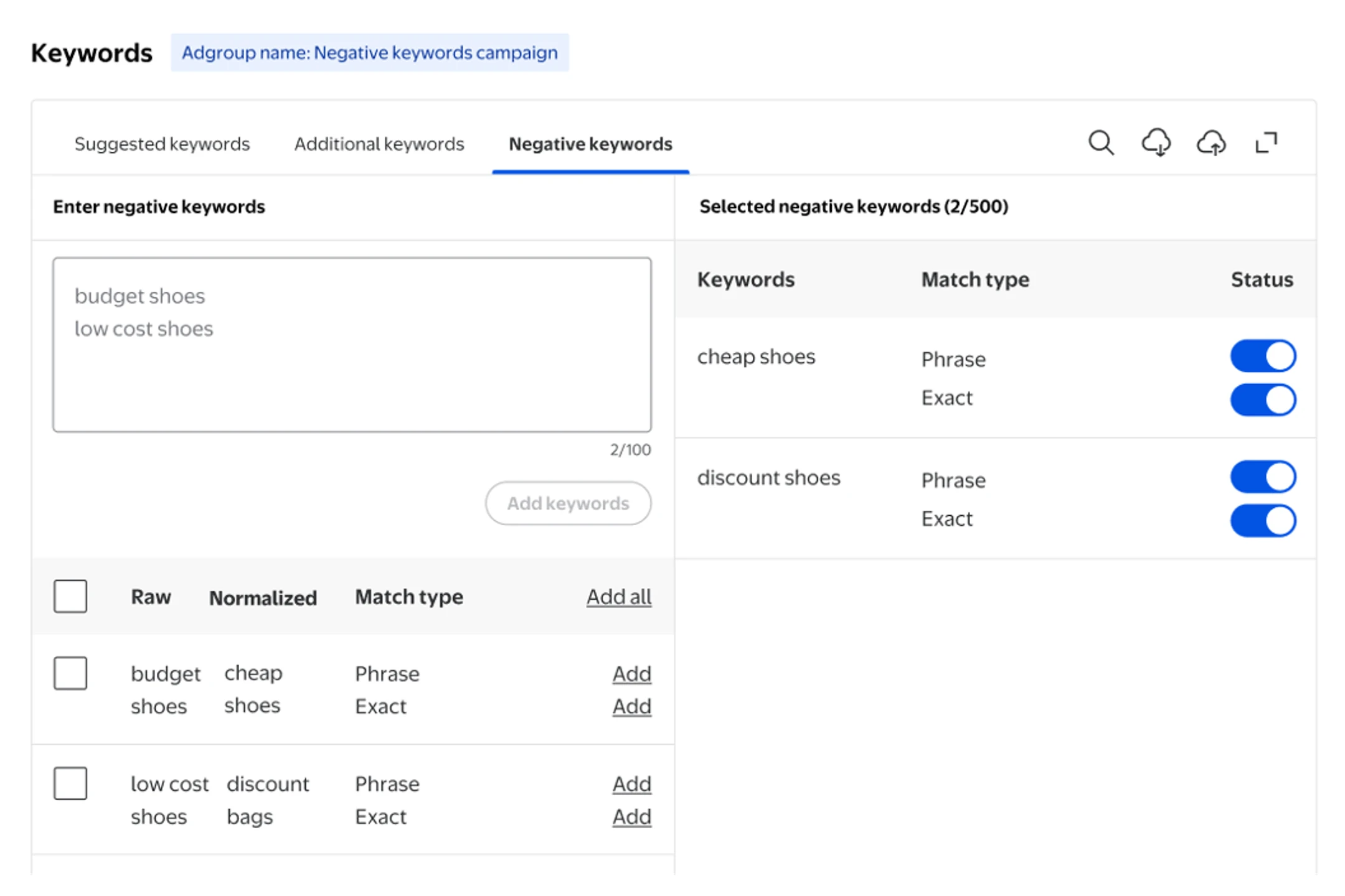 negative keywords in walmart connect sponsored search
