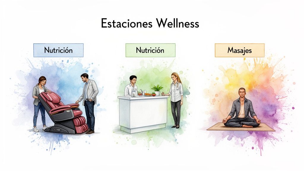 Ilustración de tres estaciones wellness: nutrición con sillón de masaje, nutrición con barra de alimentos y masajes con meditación.