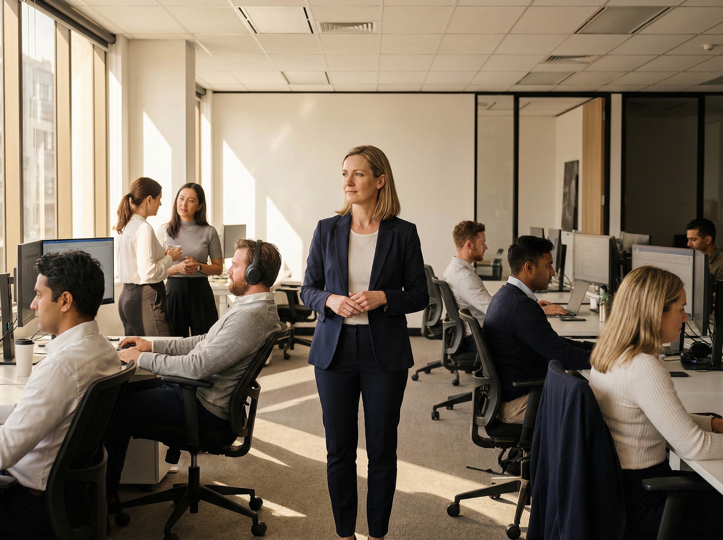 A female manager stands confidently in an office environment, her team of employees are pictured comfortable working around her