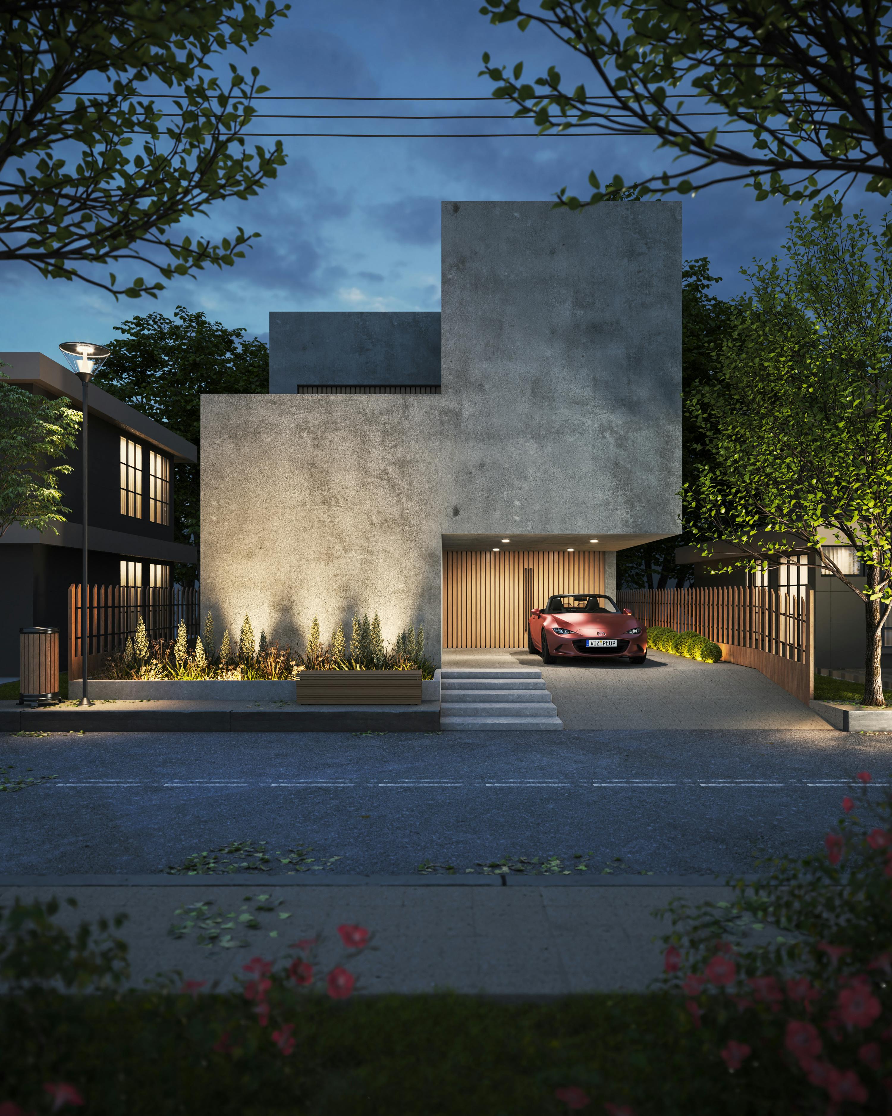 Modern residential building exterior at dusk for architectural project by SubsQS