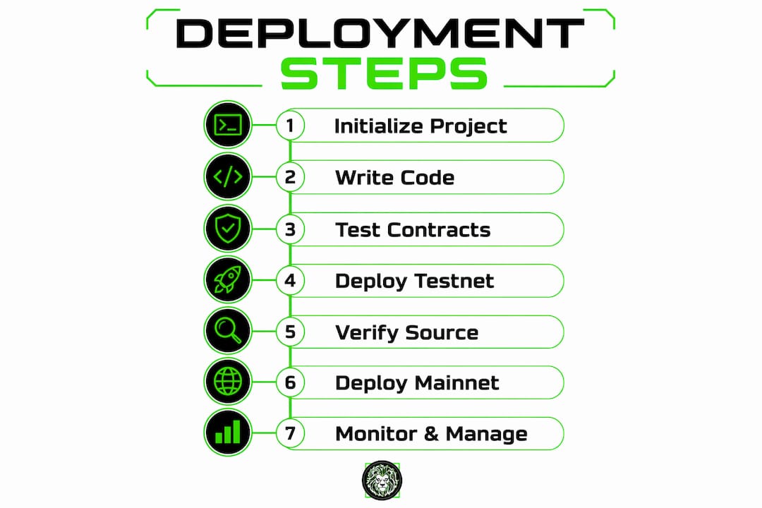 Infographic showing seven smart contract deployment steps