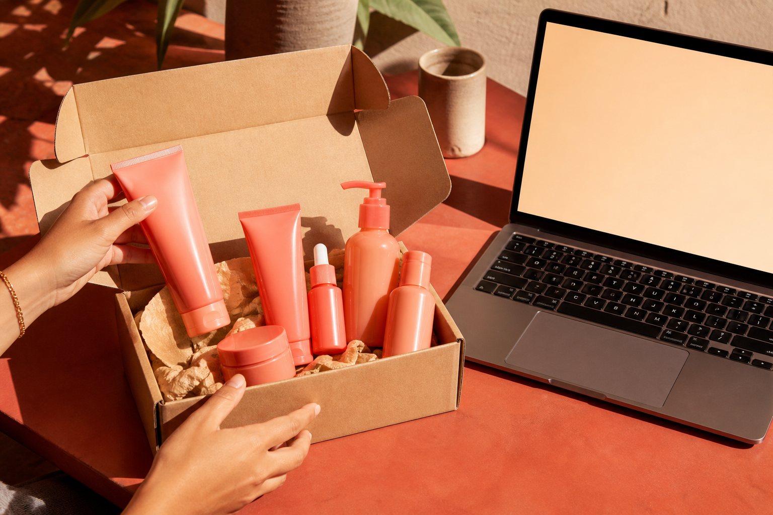 An open kraft box of coral products beside a laptop, hands reaching in
