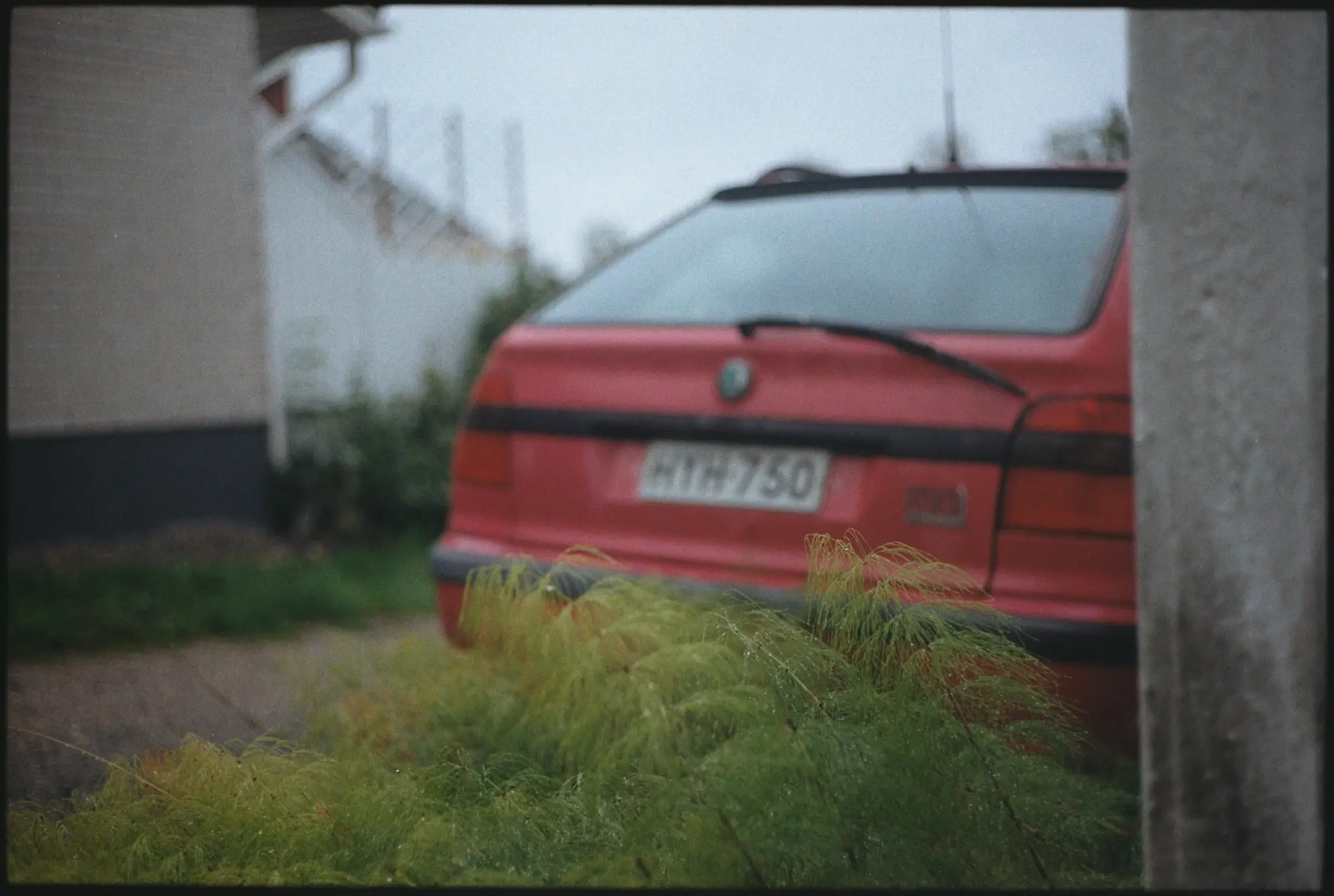 Teemakuva punainen: punainen auto heinikon takana filmille kuvattuna