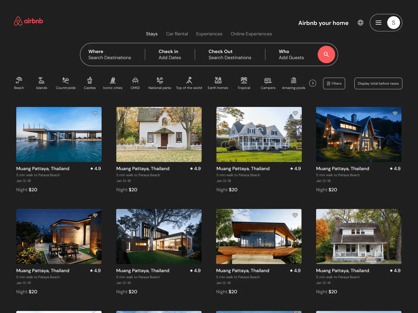 Airbnb's landing page in a black background with images of different villas and homes and more displayed with rates