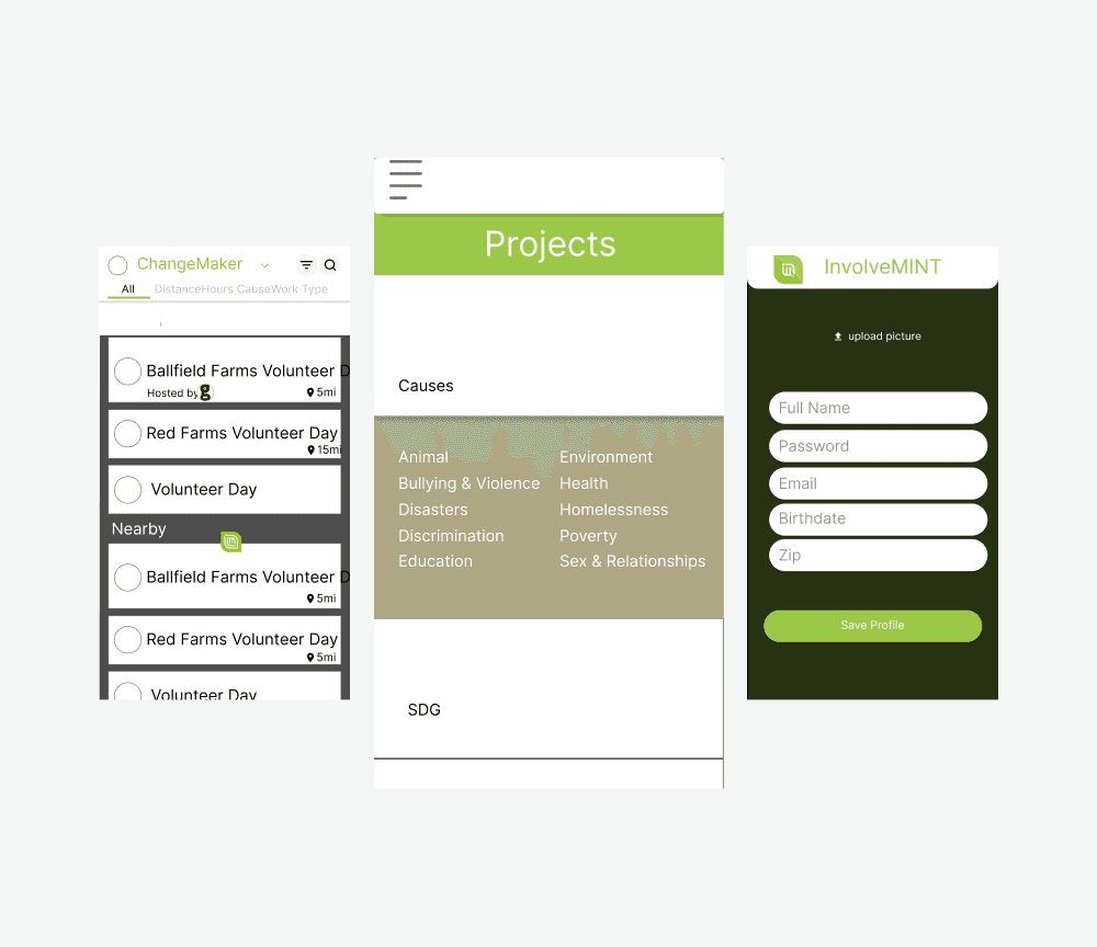 Mobile app interface showcasing three sections: a list of volunteer events with checkmarks, a central "Projects" tab highlighting social causes, and a profile creation screen with fields for personal details, emphasizing themes of community service and user engagement.