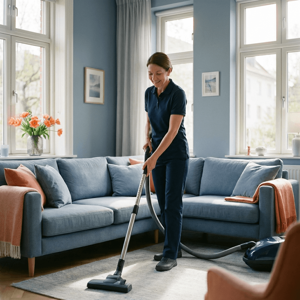 Une femme souriante, vêtue d'un uniforme bleu marine, passe l'aspirateur sur un tapis clair dans un salon lumineux aux.