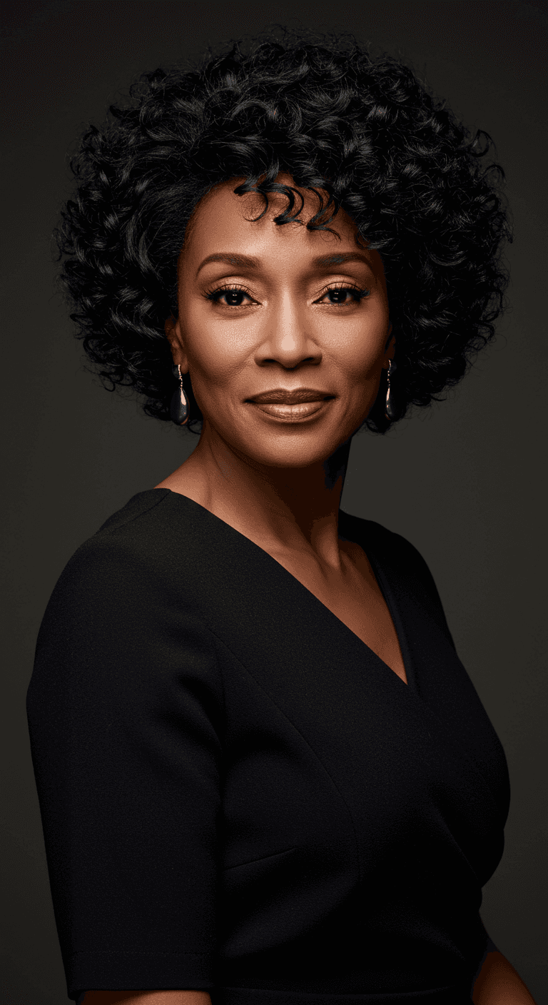 Studio portrait of a Black woman with voluminous curly hair and a subtle smile, wearing a black V-neck top.