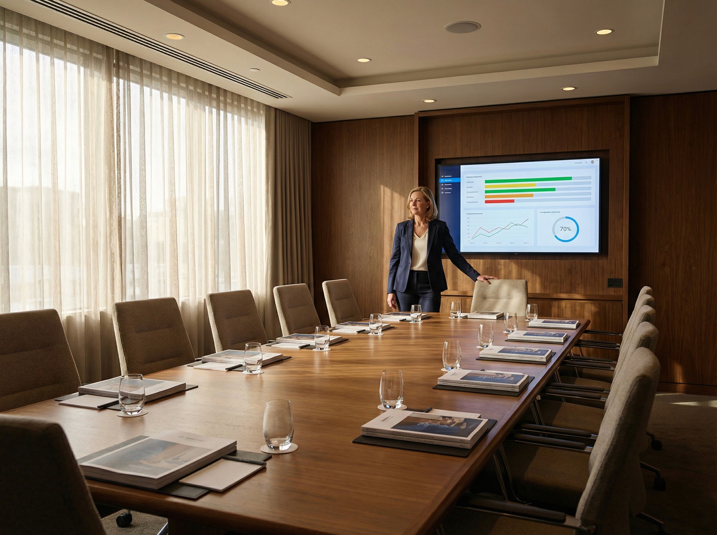 A wide, commanding shot of a large boardroom moments before a governance meeting begins. The room is fully prepared: water glasses at every place, printed board packs at each setting, a wall-mounted screen glowing with a structured summary dashboard — coloured status rows, a trend chart, a completion percentage — visible in shape and colour but not legible. Twelve chairs surround the table, all empty. At the far end of the room, a single figure — a company secretary or governance officer in her early 50s — is standing with one hand resting on the back of the head chair, surveying the room with an expression of composed readiness. Everything is in place. The directors have not arrived yet. She is not anxious. She is ready. The scene captures the meaning of governance on demand — the evidence is structured, the reports are generated, the board packs are printed, the dashboard is live, and the only thing missing is the people who will read it.