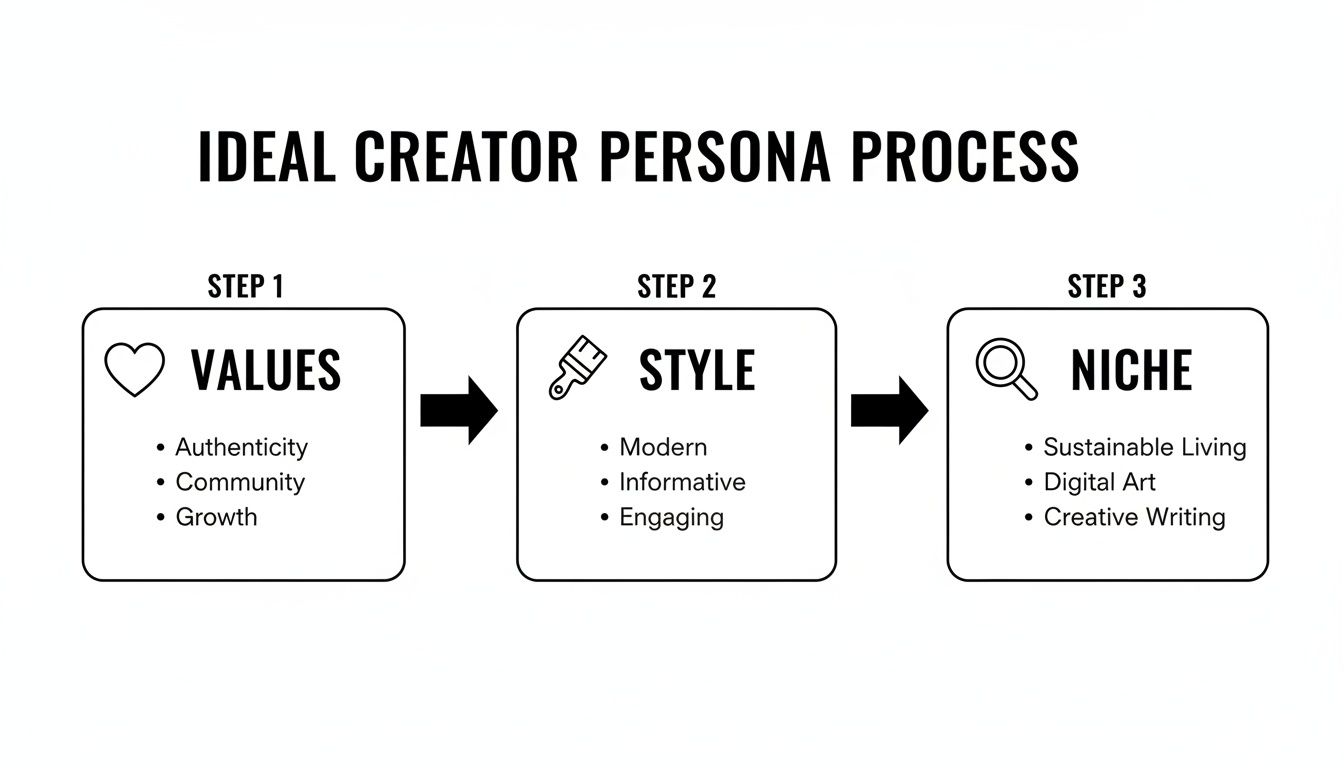 A diagram illustrating the Ideal Creator Persona Process with steps for defining values, style, and niche.