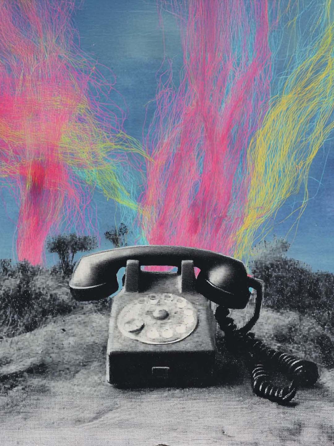 Digital collage of a retro phone releasing colorful smoke, surreal creative artwork.