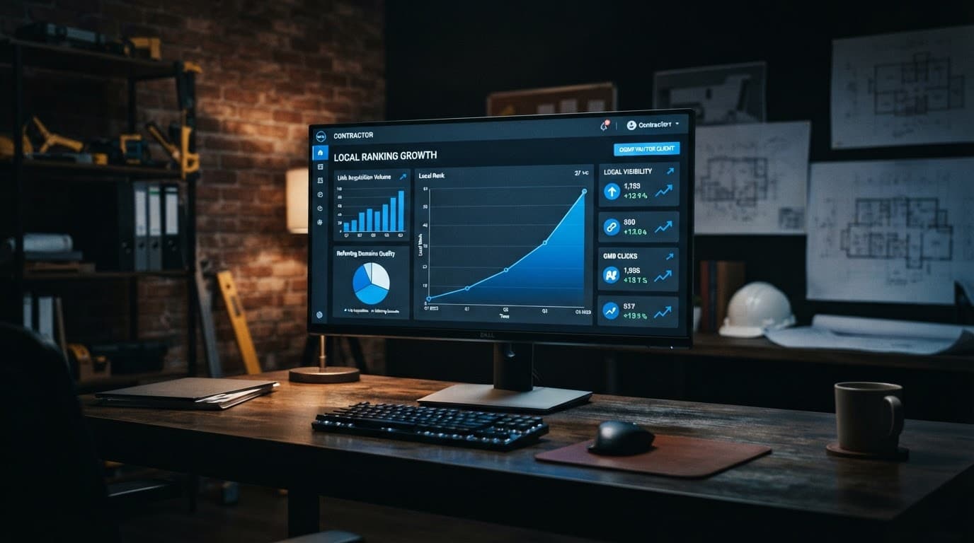 A computer monitor displaying local ranking growth charts in a contractor office.