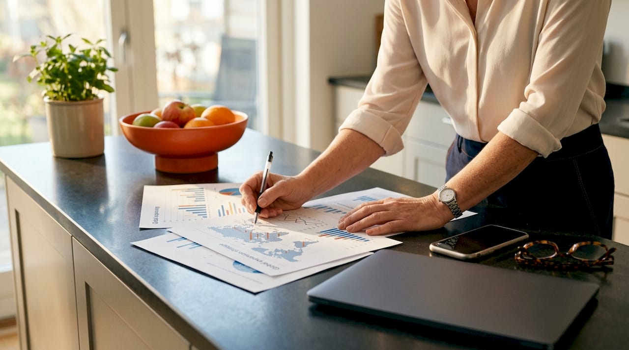 Businesswoman working on global expansion documents overhead