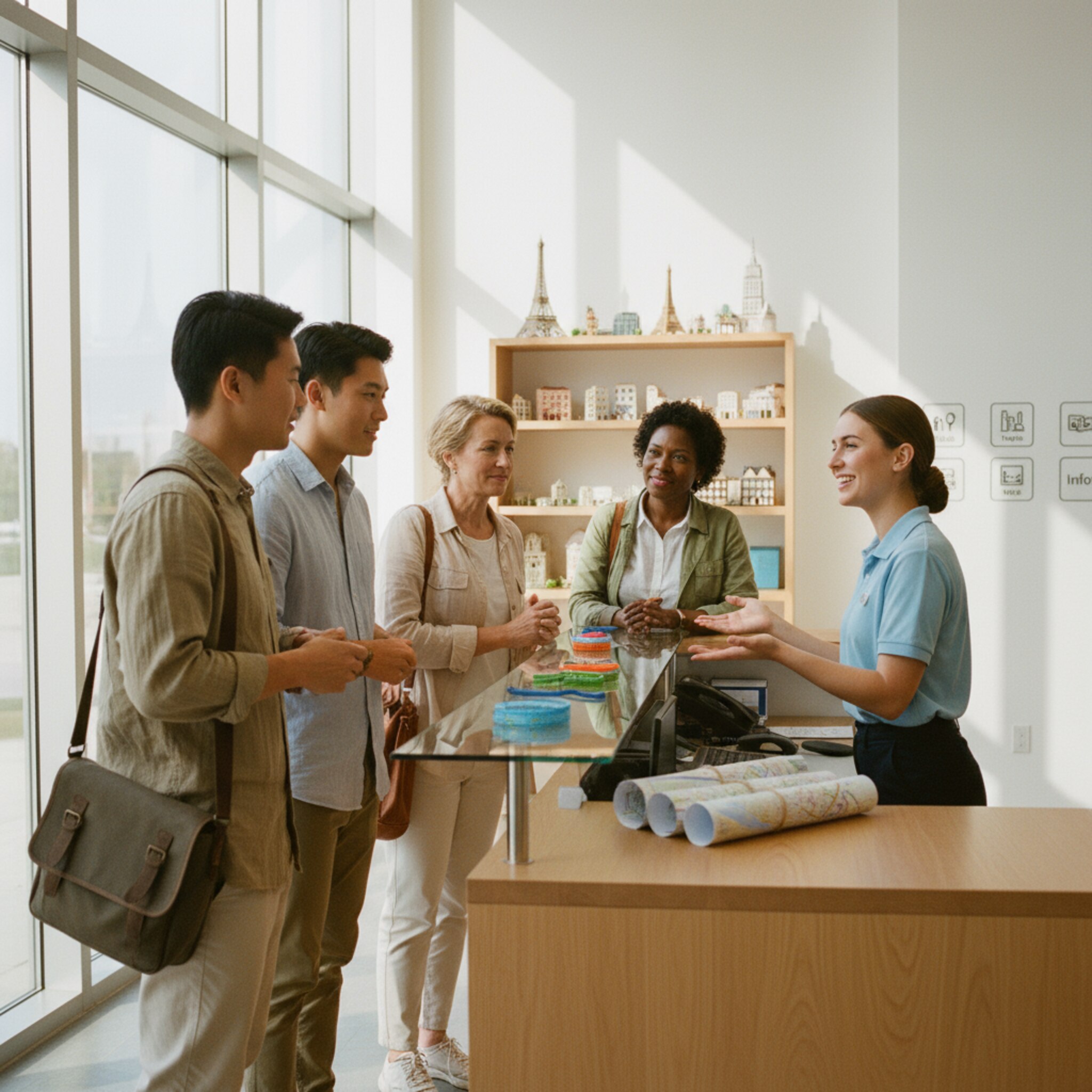 In einem hellen Besucherzentrum erklärt eine Mitarbeiterin einer kleinen Reisegruppe die Unterschiede zwischen Privat- und Gruppentour. Auf einem Tresen liegen farbige Eintrittsbänder und kleine Stadtpläne bereit. Sonnenlicht fällt durch hohe Fenster. Ein Regal mit Miniaturgebäuden setzt einen freundlichen Akzent.