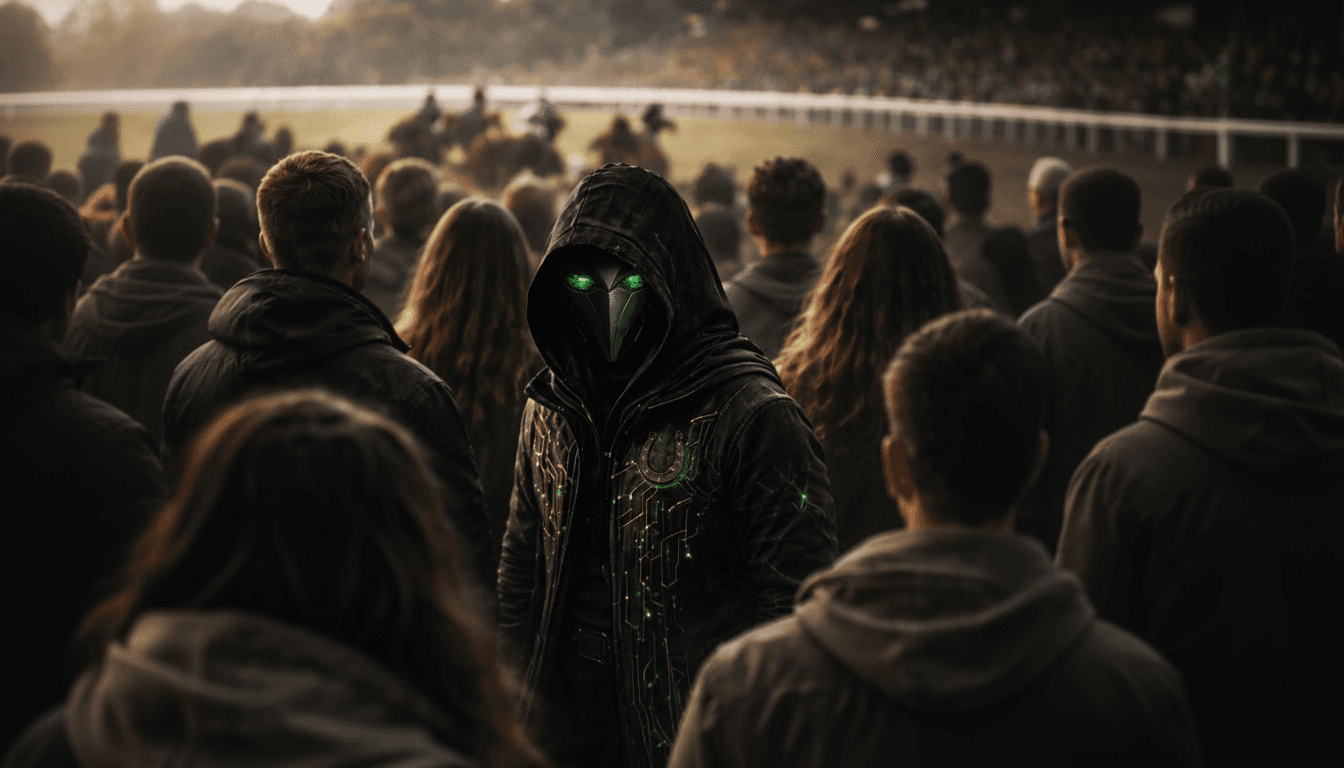 Cipher standing within a race-day crowd, representing observing market behaviour and public sentiment at the track  