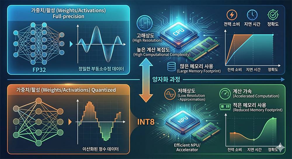 
AI 모델은 기본 FP32로 동작하며 이를 낮은 정밀도로 구동해 전력 및 메모리 효율을 끌어올리는 게 핵심이다. 다만 정확도가 손실될 수 있는데 이를 최대한 유지하는 것이 AI 모델 양자화 기업의 기술이다 / 출처=제미나이 AI 이미지 생성