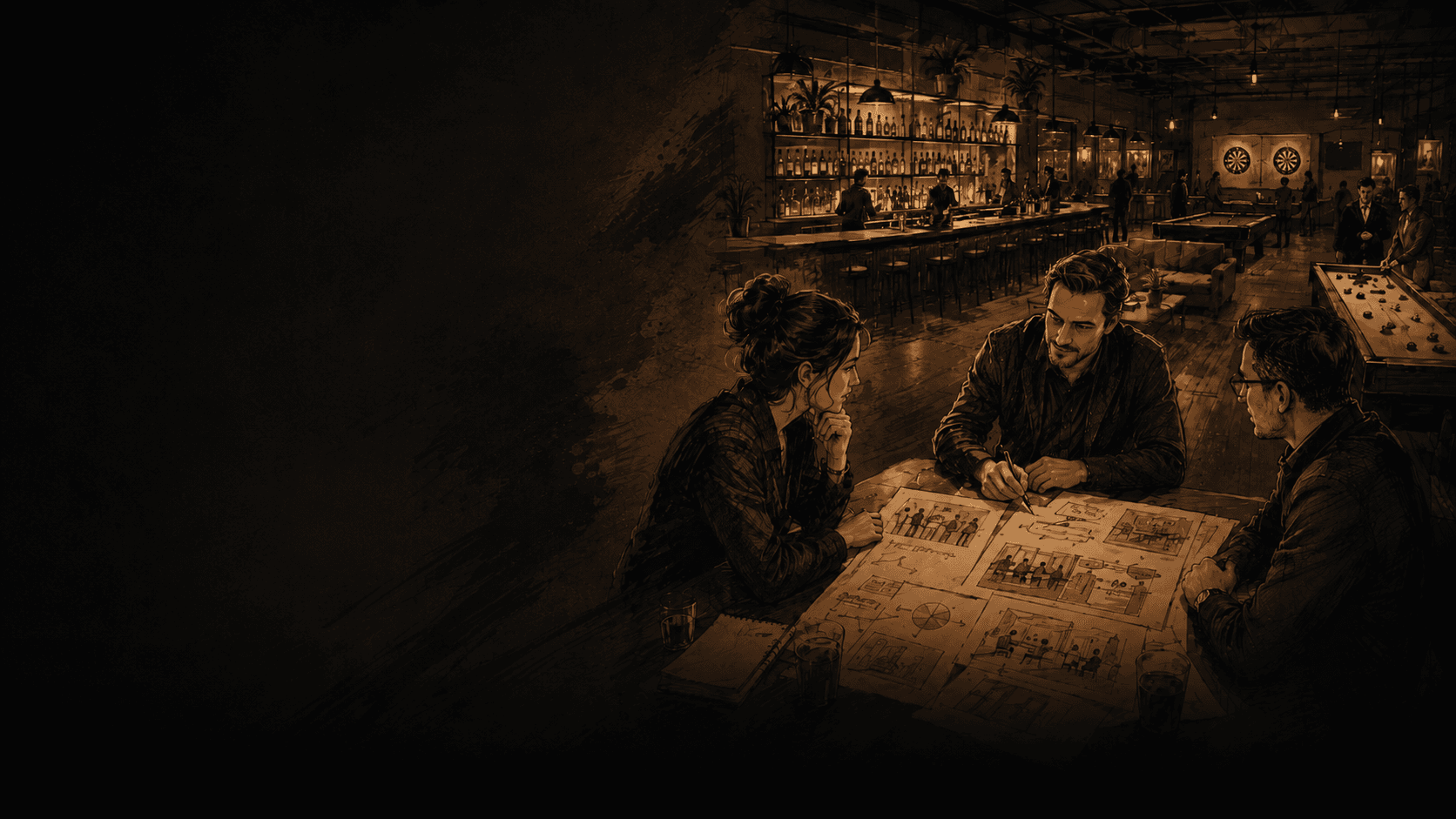 Illustration of 3 people discussing floor plans in bar with darts and shuffleboard