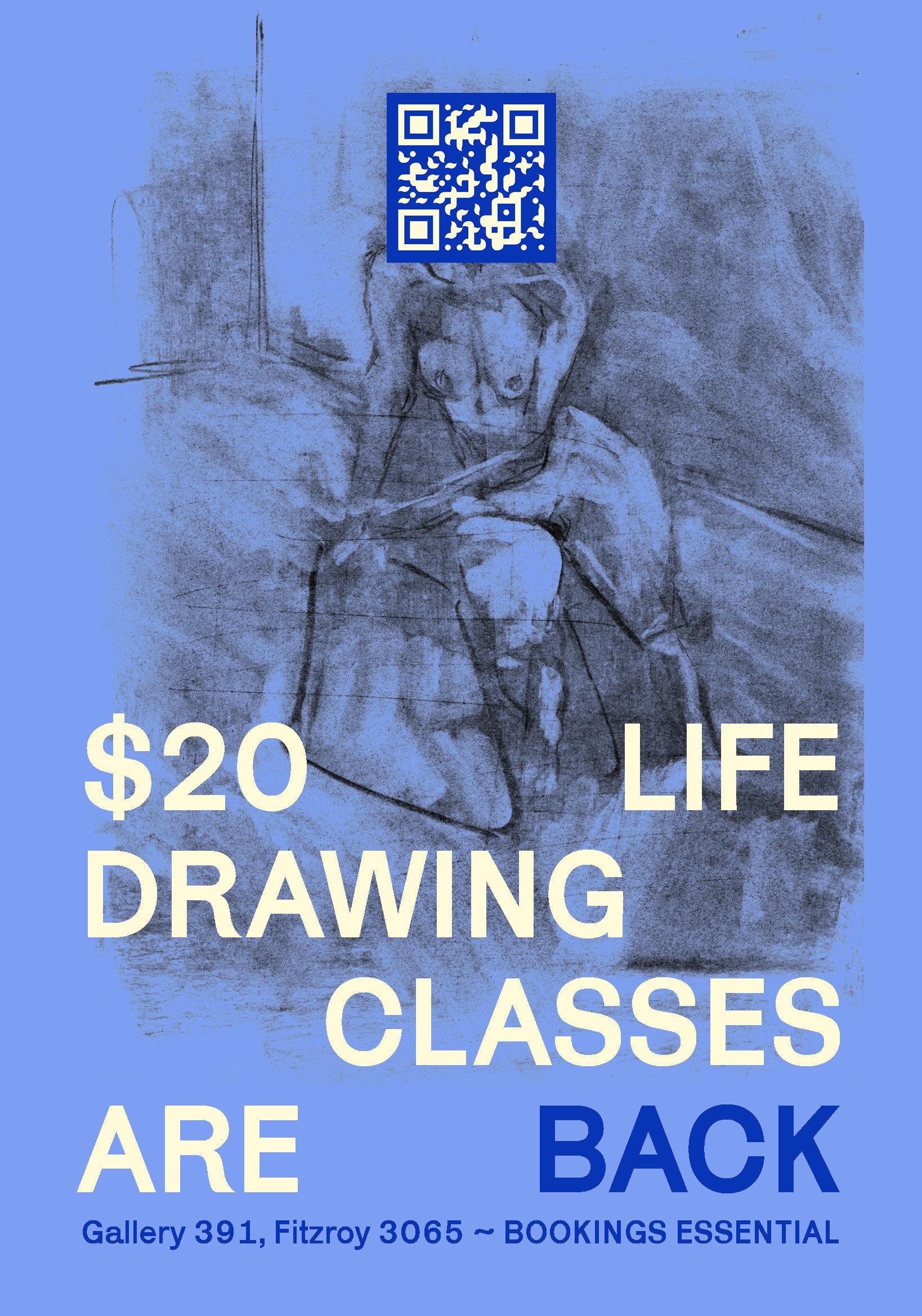 life drawing poster design is blue and features a model drawn in charcoal with a qr code face