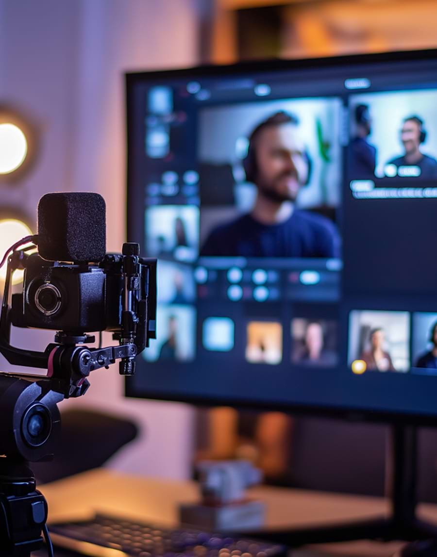 A close-up of a camera and microphone in a dimly lit room, focused on a computer monitor displaying a video call with multiple participants. Cozy ambiance.