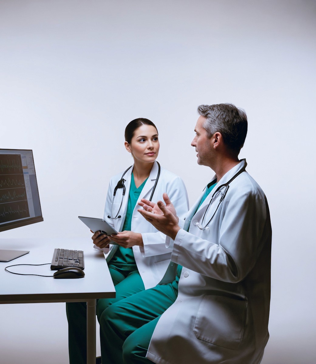 Two doctors in white coats and green scrubs sit together at a desk, discussing patient data displayed on a computer monitor, with one holding a tablet and both wearing stethoscopes.