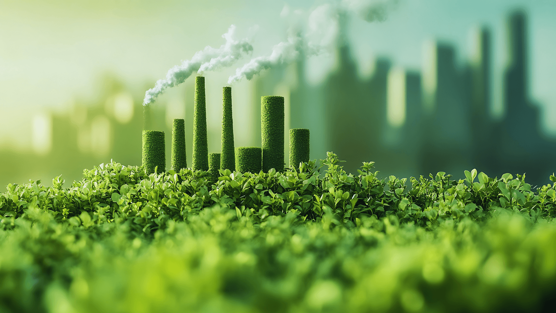 Supply chain (Scope 3) emission management: As smoke rises from chimneys covered in greenery, it represents sustainable transformation against the modern city skyline of green factory buildings.