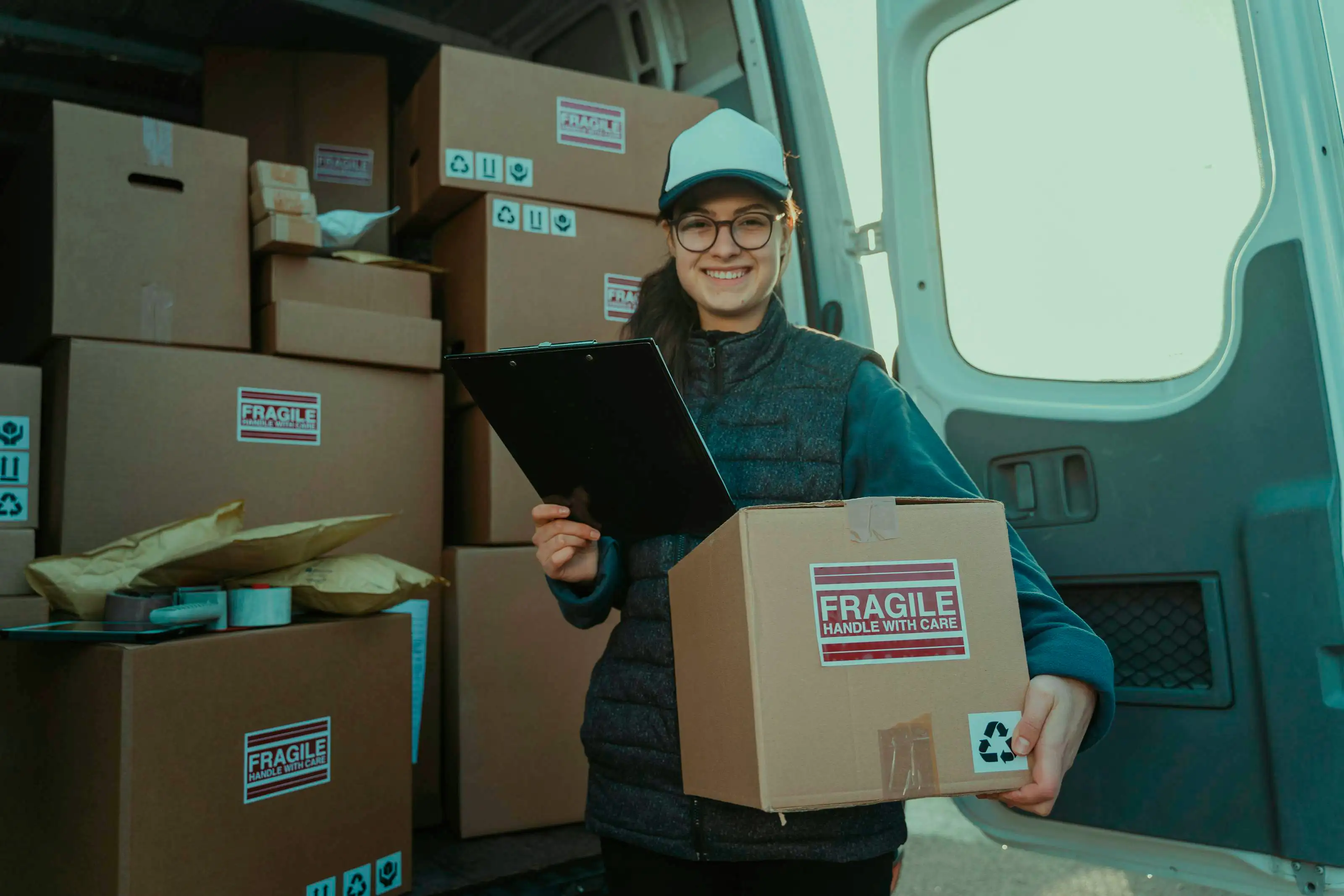 Female worker holding a fragile box and smiling to the camera.