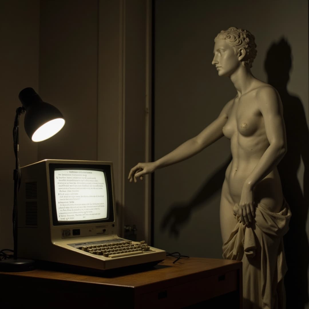 eine statue einer nacken frau, die aussieht wie aus dem antiken griechenland steht vor einem alten PC