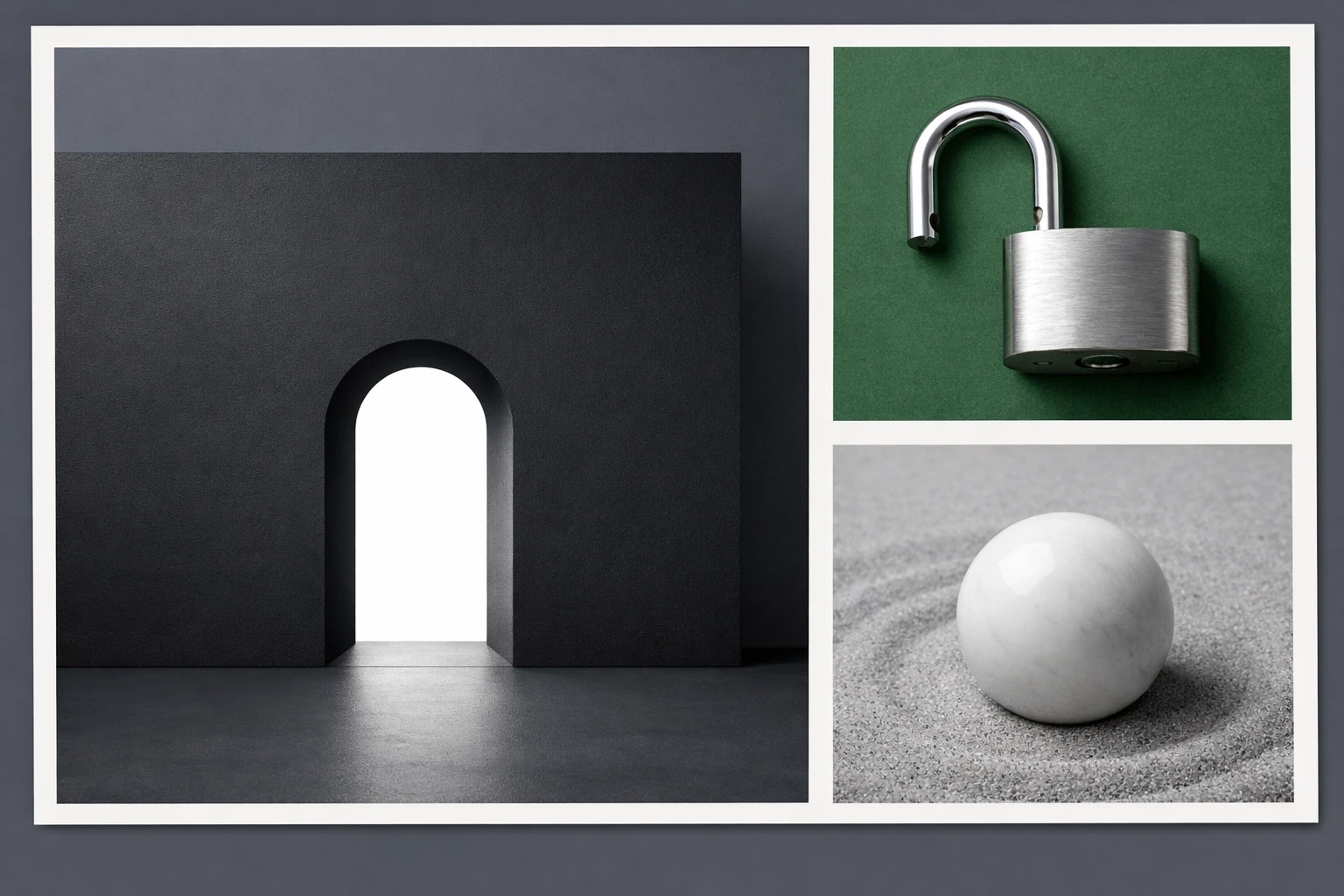 Visual grid with an open lock and doorway representing the removal of psychological barriers in the customer journey.