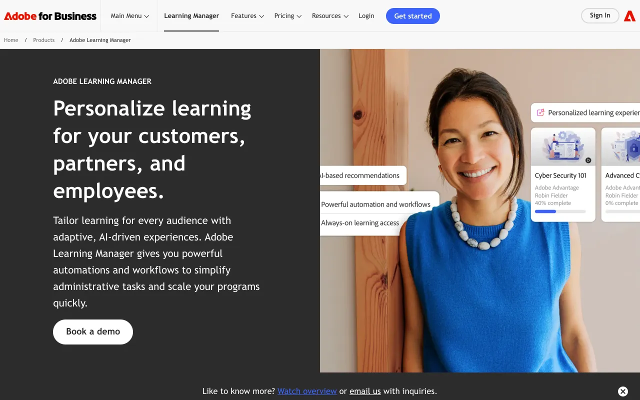 Adobe Learning Manager homepage, personalize learning for customers partners and employees