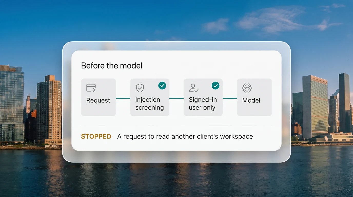 Safeguards in front of the model: injection screening and access scoped to the signed-in user, with an attempt to reach another client's context stopped